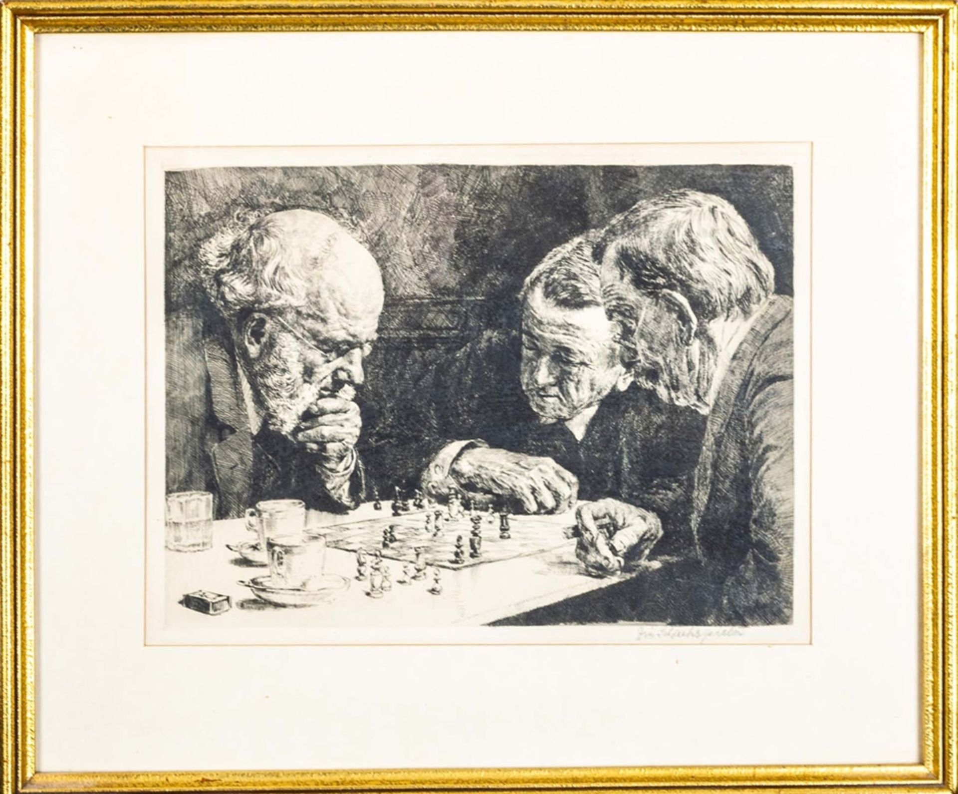 "Die Schachspieler", hinter Glas gerahmte Lithographie von 3 angestrengt nachdenkenden älteren Herr