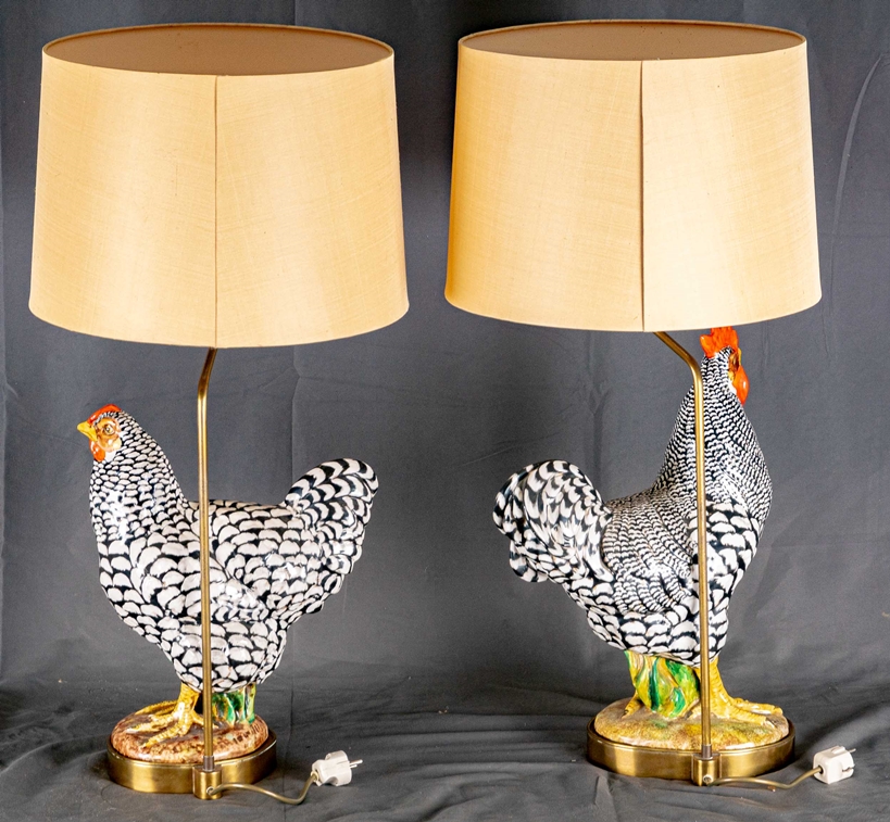 Paar hochdekorativer Tischlampen mit "Hühnervögel"-Figuren, Italien, Mitte 20. Jhdt., schlichte Mes - Image 13 of 13