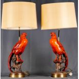 Paar hochdekorativer Tischlampen mit "Roter Fasan"-Figuren, Italien, Mitte 20. Jhdt., schlichte Mes