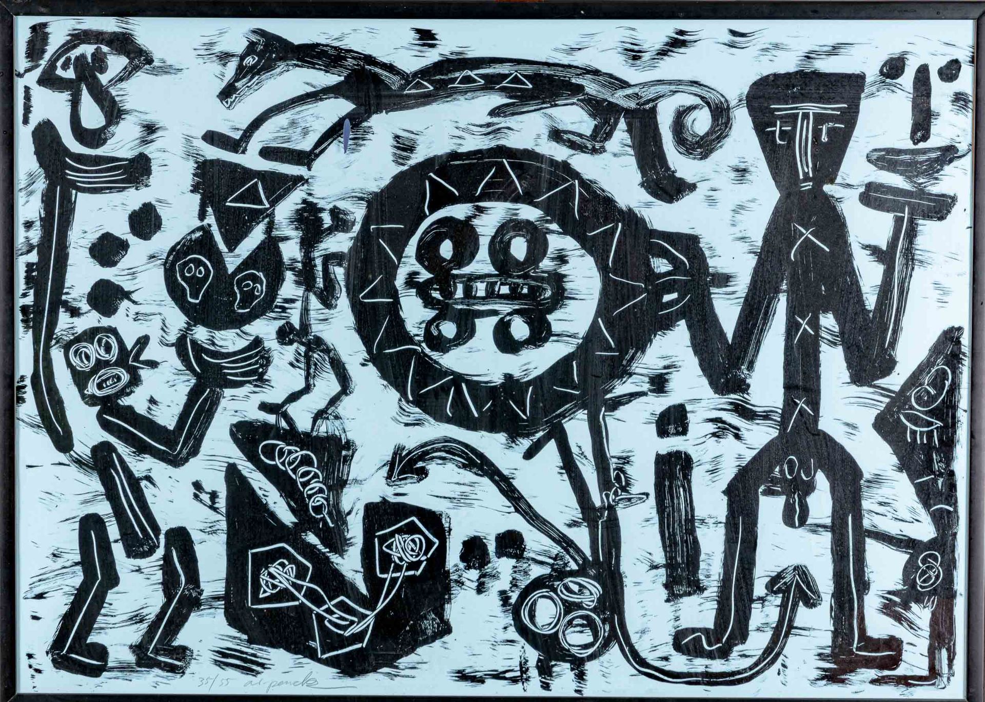 "Ohne Titel" - Hinter Glas gerahmte, multiple Siebdruckgraphik des A. R. Penck von 1988, Nr. 35 aus