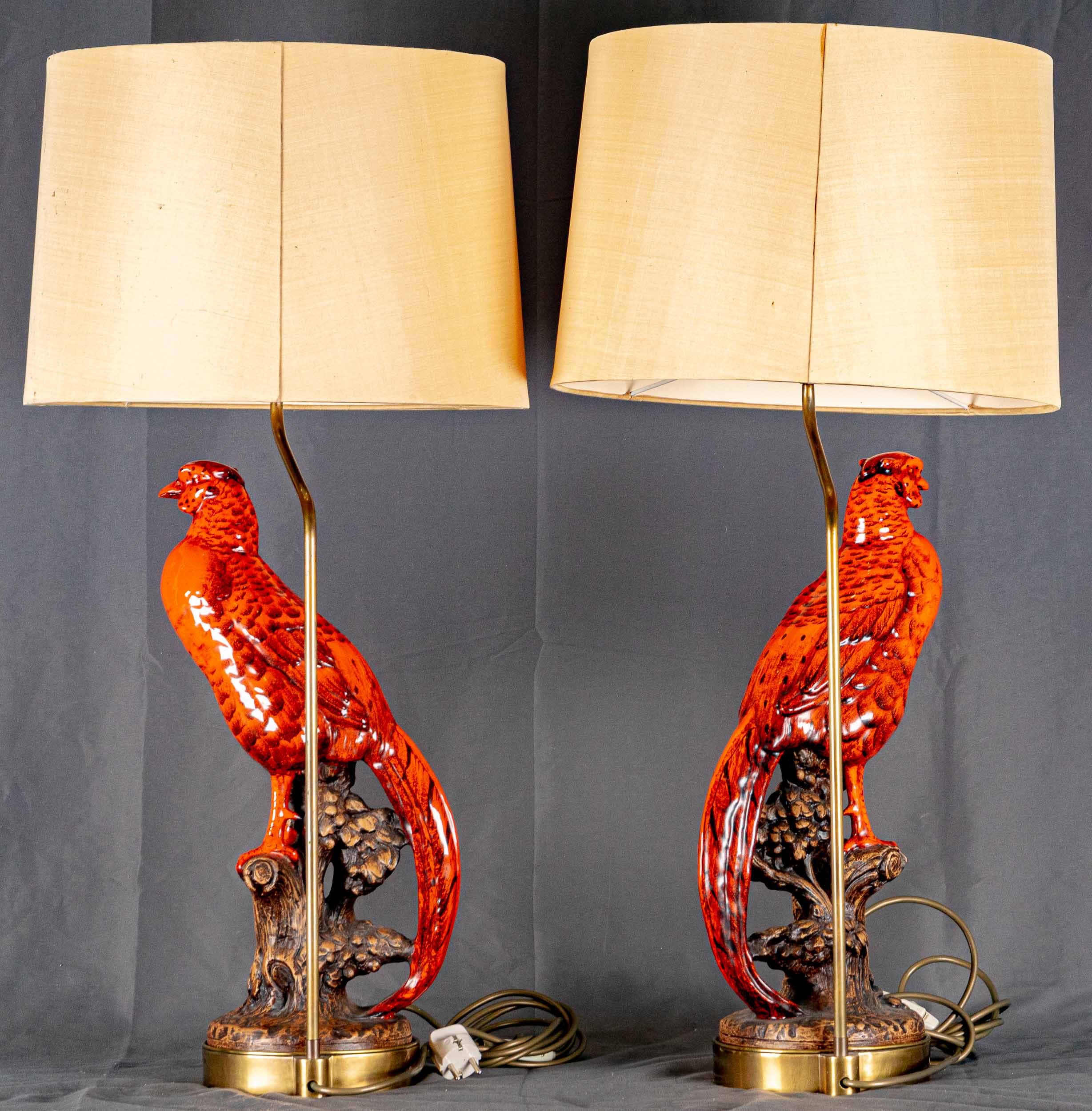 Paar hochdekorativer Tischlampen mit "Roter Fasan"-Figuren, Italien, Mitte 20. Jhdt., schlichte Mes - Image 11 of 13