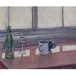 Stillleben mit Weinglas, Flasche und Kaffeetassen. 1989