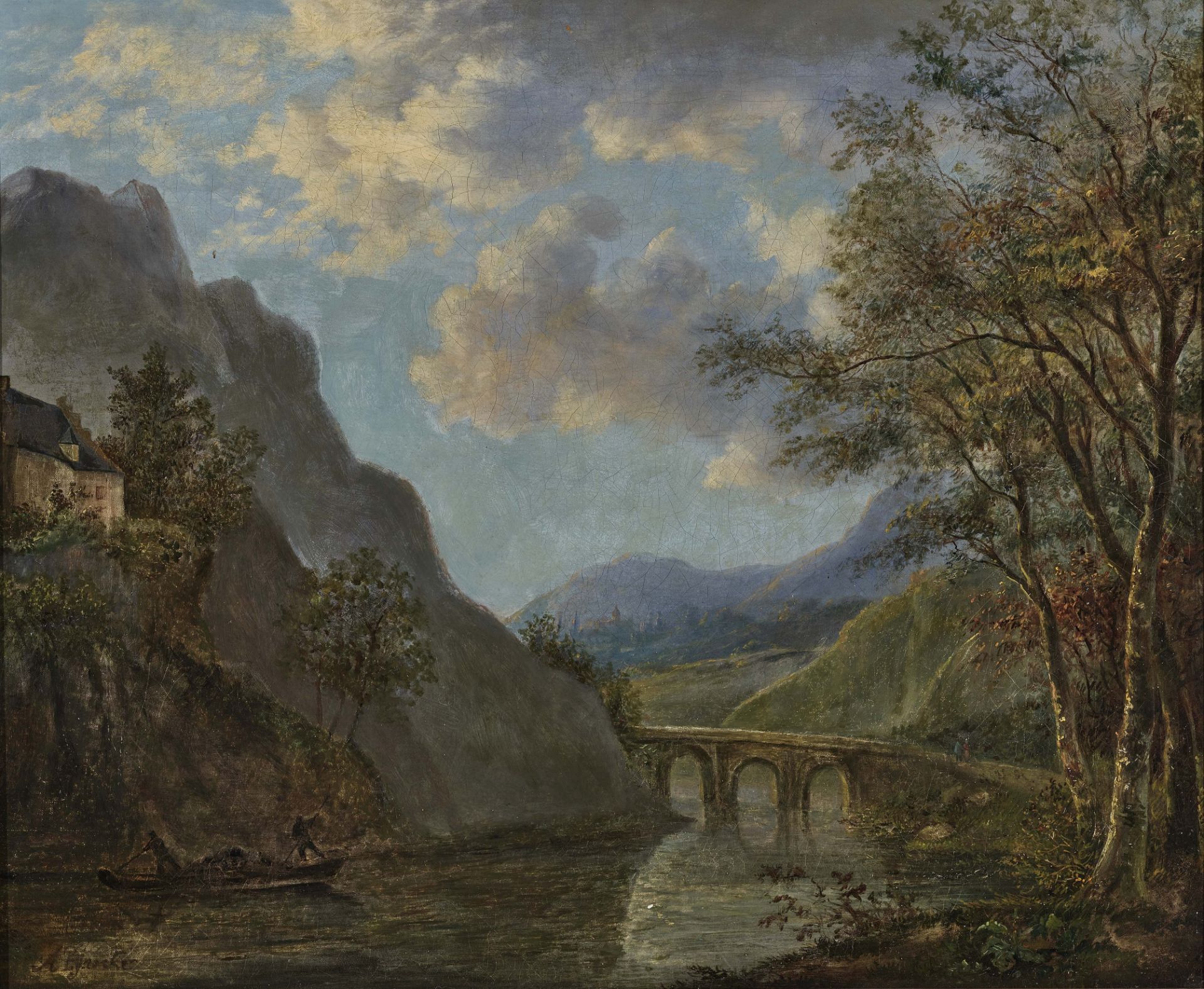 Gebirgige Flusslandschaft mit Steinbrücke