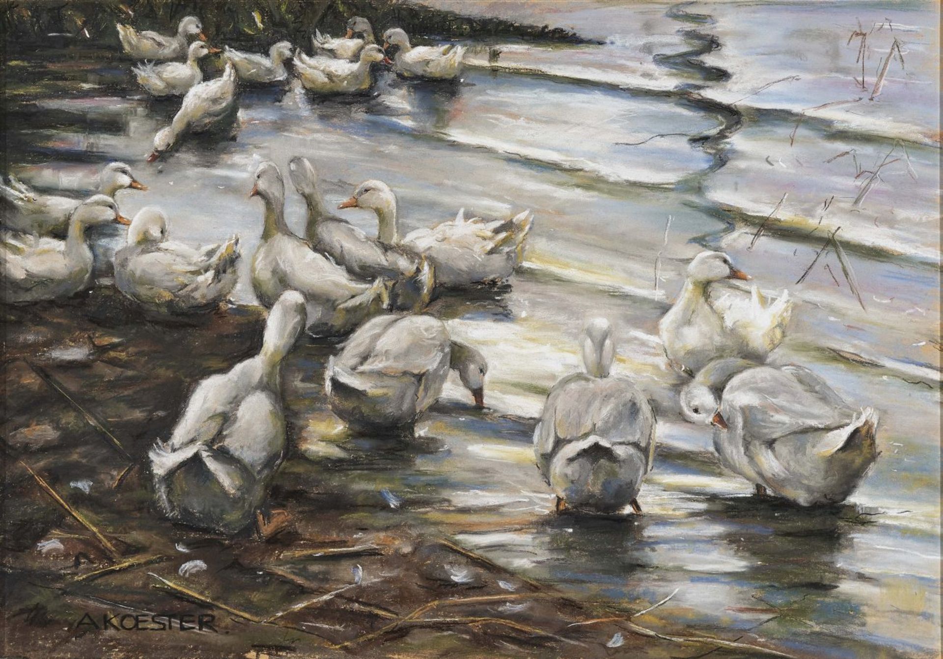 Achtzehn weiße Enten am Ufer