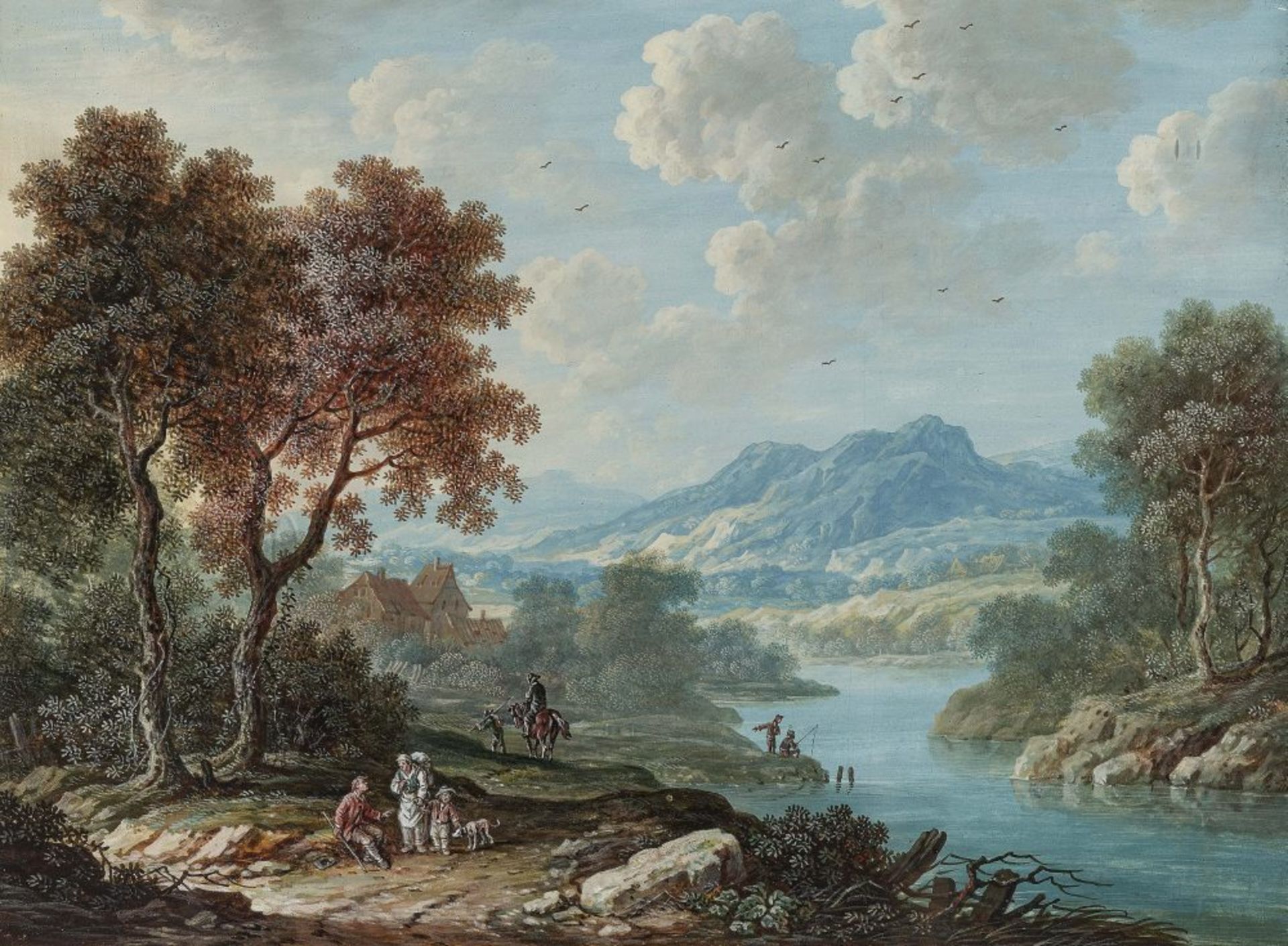 Baumbestandene Fluss- bzw. Uferlandschaft mit Figurenstaffage