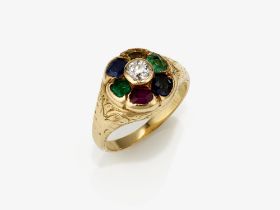 Historischer " Regard"  Ring verziert mit Diamant, Saphiren, Rubin und Smaragde