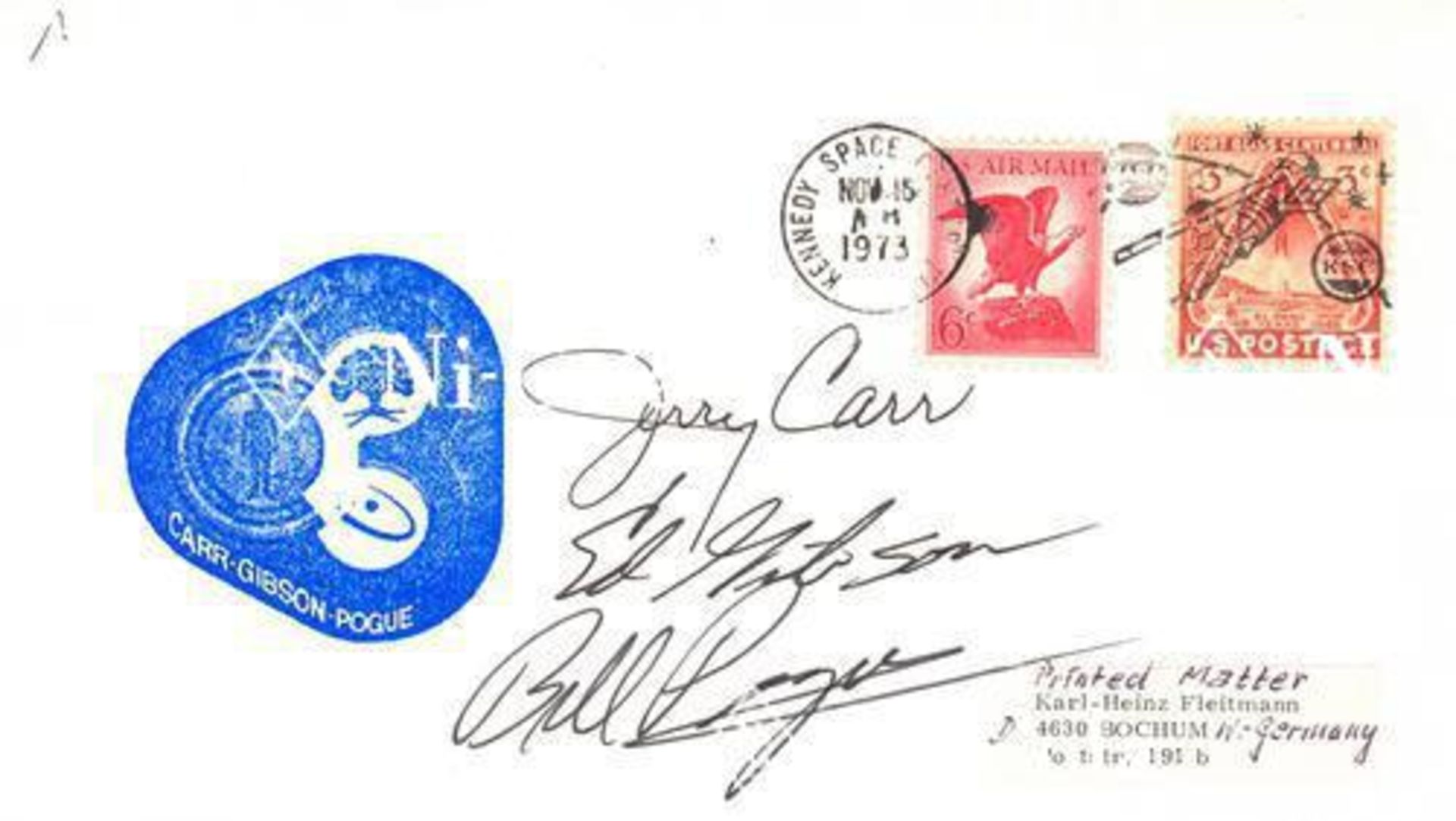 Accessoires Frankierter Briefumschlag 'Skylab IV' signiert von der Besatzung Gerald Carr, Edward Gib
