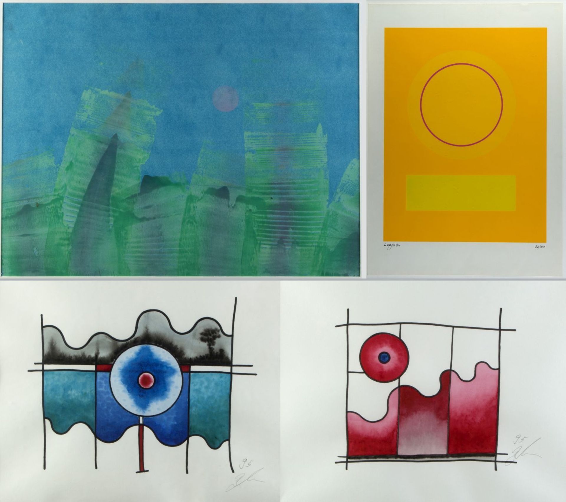 Leppien, Jean u.a. Komposition mit einem Kreis. Variation blau/grün rote Sonne u.a. 2 Farbse