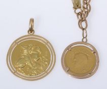 Münzarmband und Münzanhänger Gelbgold 900, 750 und 585. Durchbrochene Rahmung. 1/2 Pahlavi