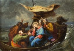 Unbekannt, 19. Jh. Jesus im Sturm auf dem See Genezareth. Öl/Papier. 21 x 30 cm. Gerahmt.
