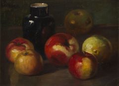 Priegen, A. Stillleben mit Äpfeln und Keramikvase. Öl/Karton. Sign. 23 x 31 cm. Gerahmt.