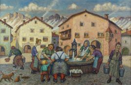 Nussio, Oscar. 1899 Ardez - Greifensee 1976 Wäscherinnen am Brunnen auf dem Marktplat