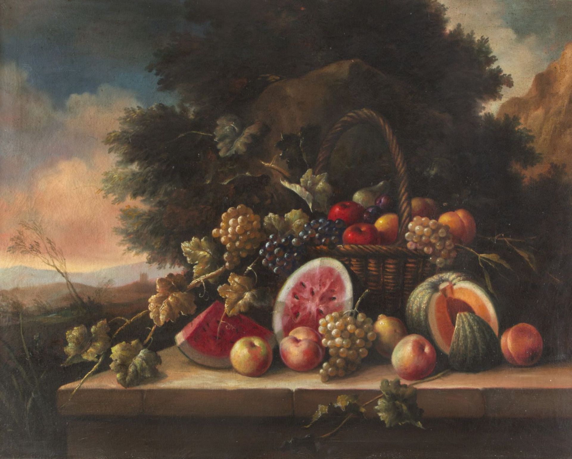 Unbekannt, 20. Jh. Obststillleben vor einer Landschaft. Öl/Lwd. 91 x 115 cm. Gerahmt.