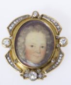 Feine Miniatur-Diamant-Brosche Gelbgold 750. Meistermarke AF. Ausgefasst mit Miniaturportrait
