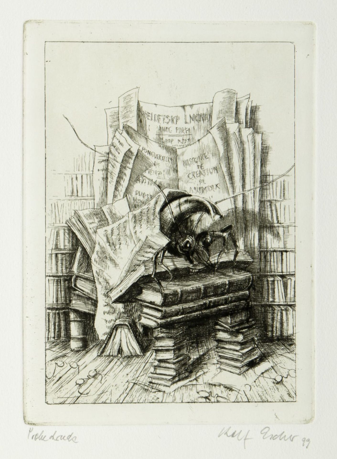 Escher, Rolf. 1936 Hagen Fassade. Bibliothek. Schrank u.a. 4 Radierungen. 1 Lithograph - Bild 3 aus 6