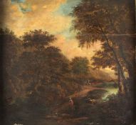 Unbekannt, 18. Jh. Herbstliche Landschaft mit Reitern an einem Fluss. Öl/Holz. 73 x 75 cm. G