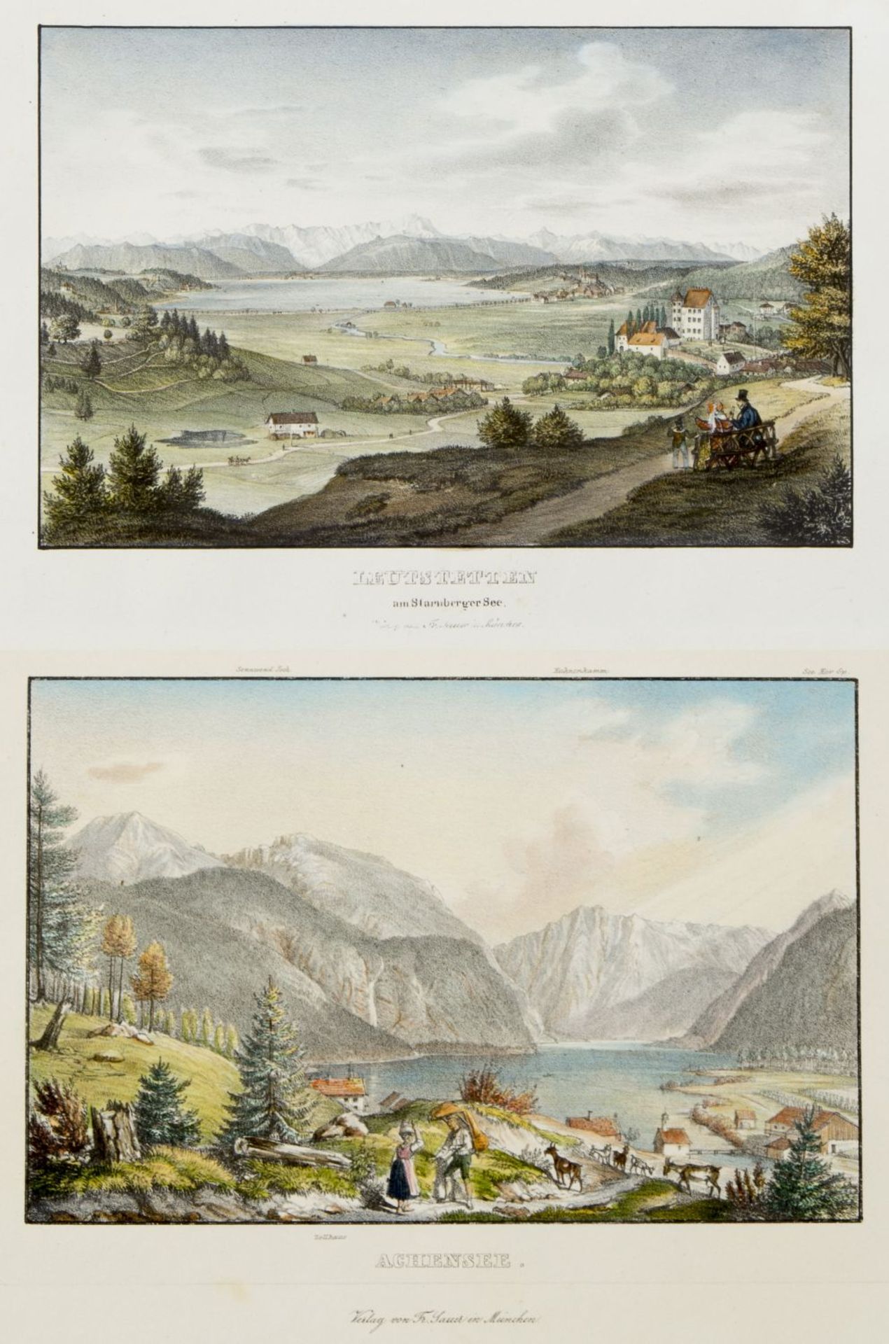 Leutstetten. Zillertal. Schloss Ambras. Schwatz u.a. Neun kol. Lithographien. Bis 14 x 19,5 c