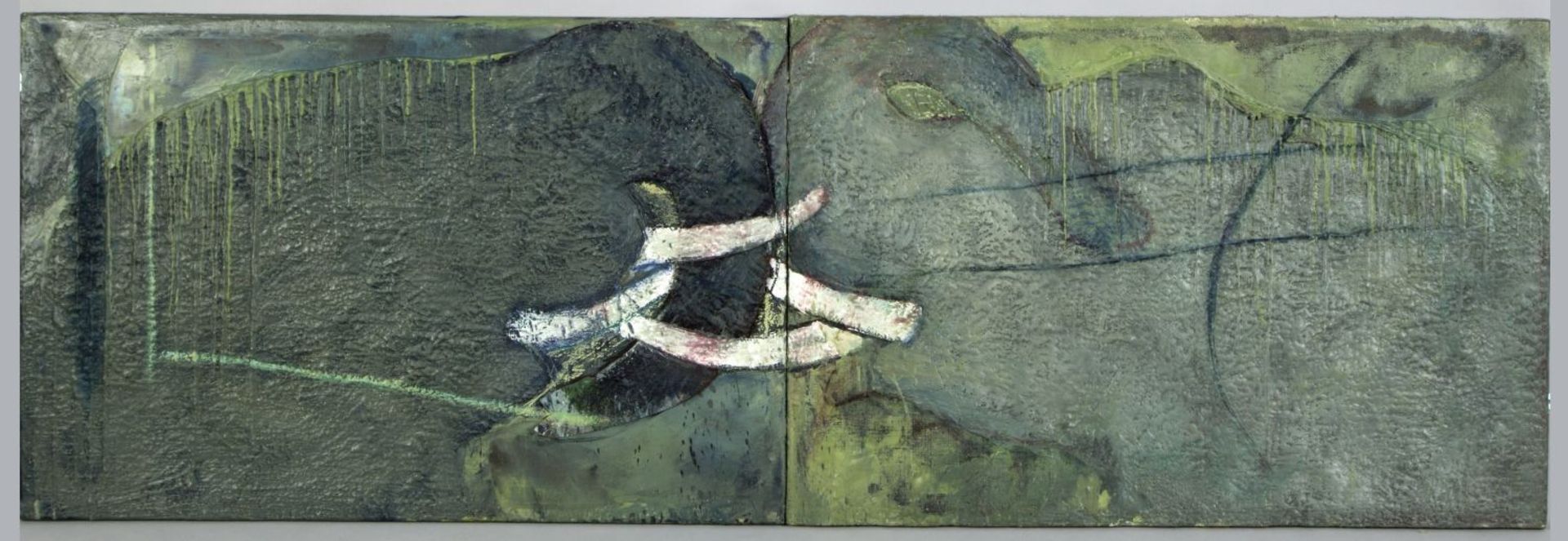 Gauerke, Hinrich. 1950 Hamburg Elefanten. Diptychon Wachs und Öl/Jute. 67 x 200,5 cm.