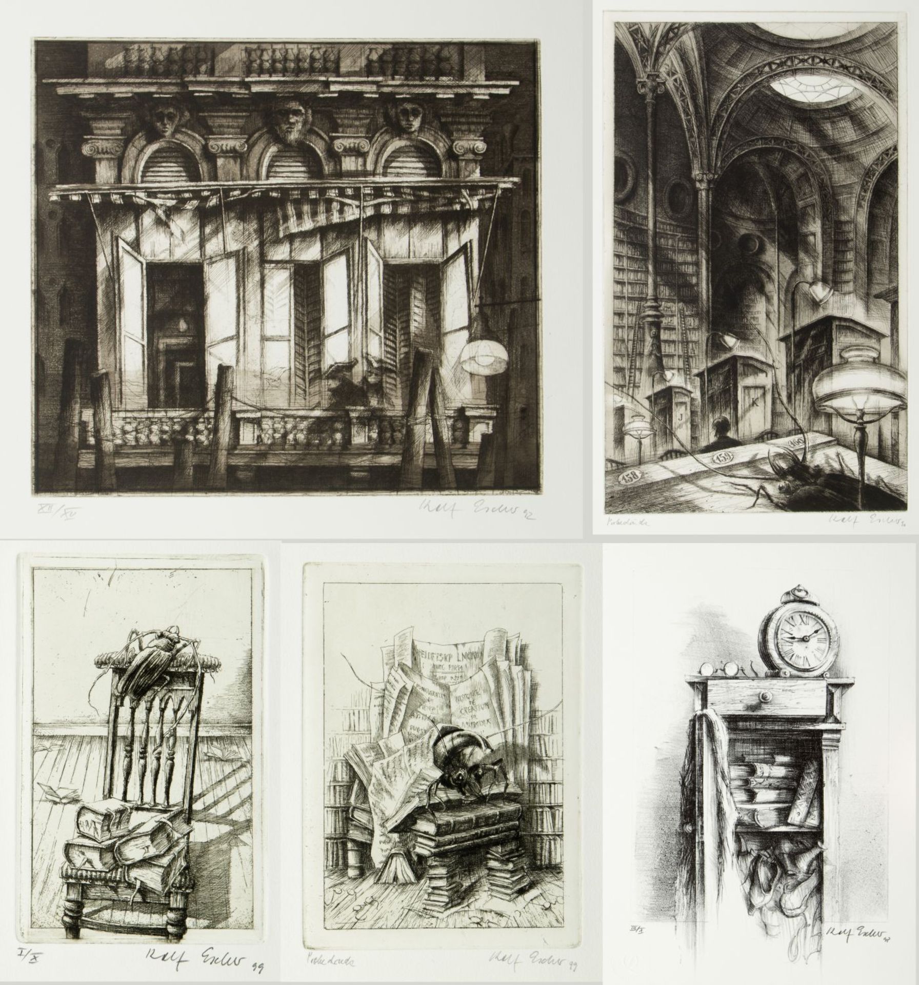 Escher, Rolf. 1936 Hagen Fassade. Bibliothek. Schrank u.a. 4 Radierungen. 1 Lithograph