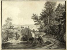 Deutsch, 19. Jh. Sommerliche Flusslandschaft. Tuschpinselzeichn. 16,5 x 21 cm.