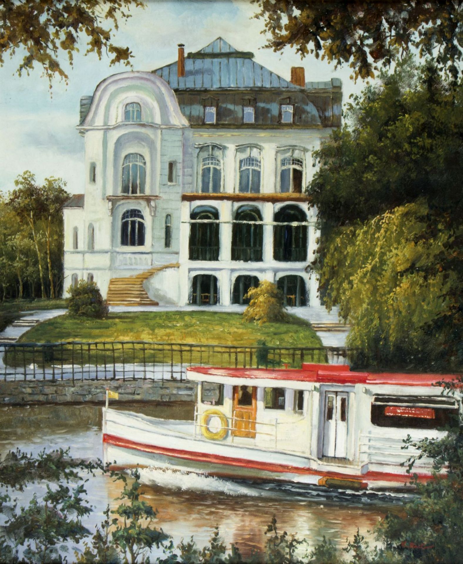 Baeker, E. Villa in Hamburg Blankenese. Öl/Lwd. Sign. 60 x 50 cm. Gerahmt. Delle oben links.
