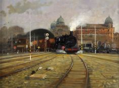 Sanvitale, Giovanni. 1935 Brescia Dampflokomotive verlässt den Bahnhof von Bologna. Öl/Holz. Sign.