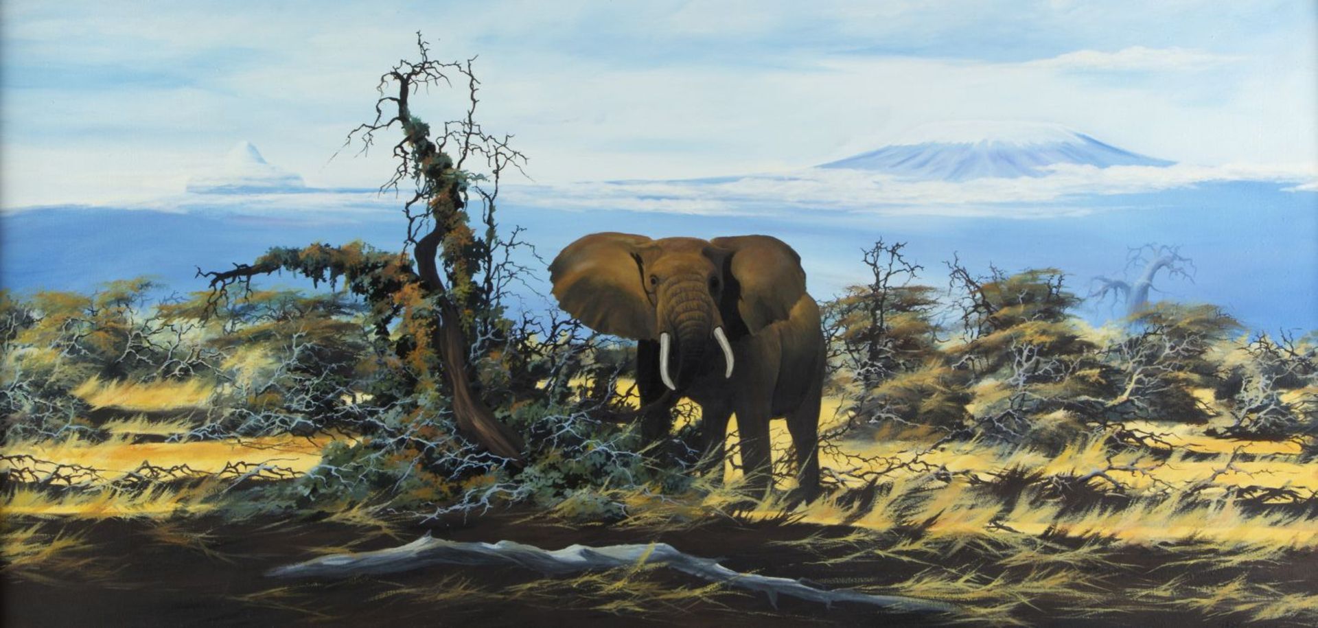 Nxug-Gnah, Hika Elefant in der Savanne mit dem Kilimandscharo im Hintergrund. Acryl/Lwd. Sign