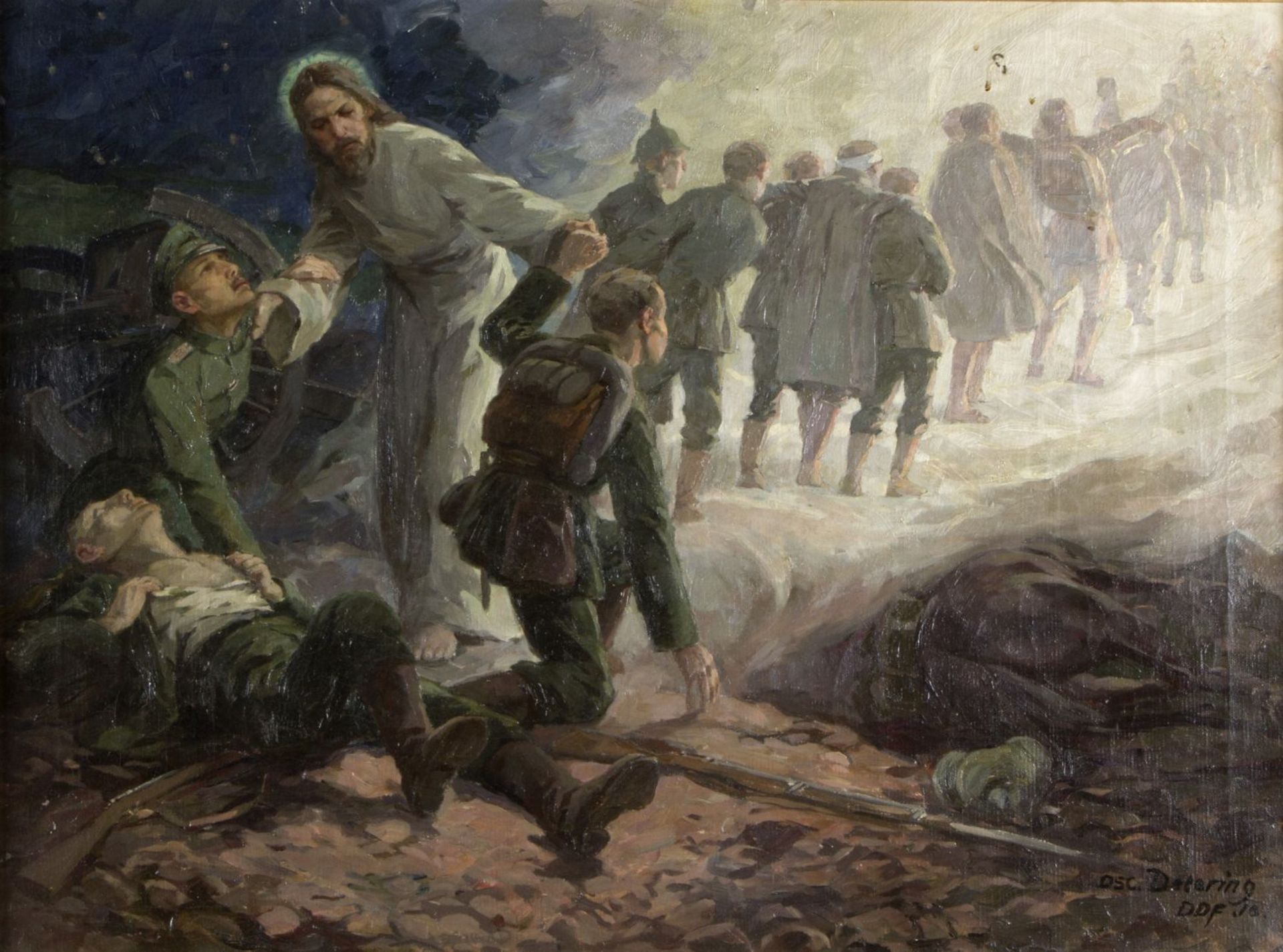 Detering, Oscar. 1872 Barmen - Düsseldorf 1943 Verwundeten Soldaten erscheint Christu