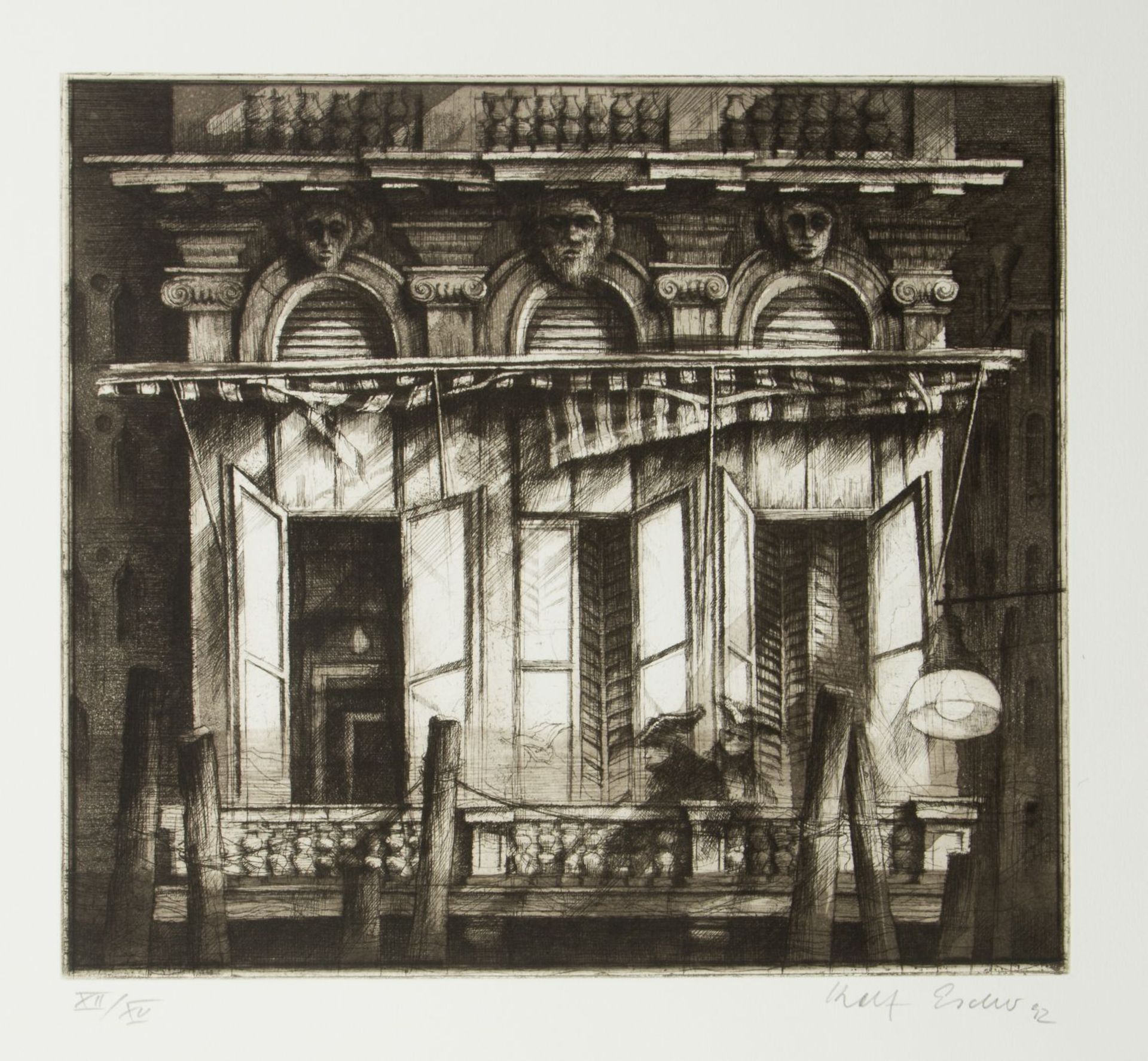 Escher, Rolf. 1936 Hagen Fassade. Bibliothek. Schrank u.a. 4 Radierungen. 1 Lithograph - Bild 6 aus 6