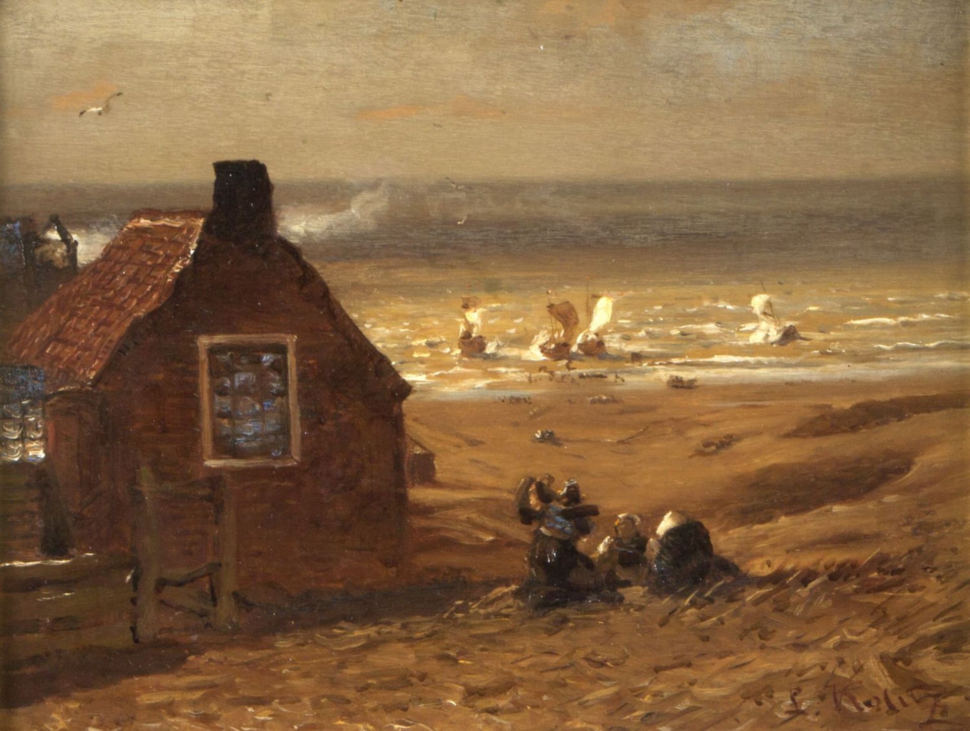 Kolitz, Louis. 1845 -  1914 Flämische Dünenlandschaft mit Haus. Öl/Holz. Sign. 27 x 35 cm. Gerahmt.