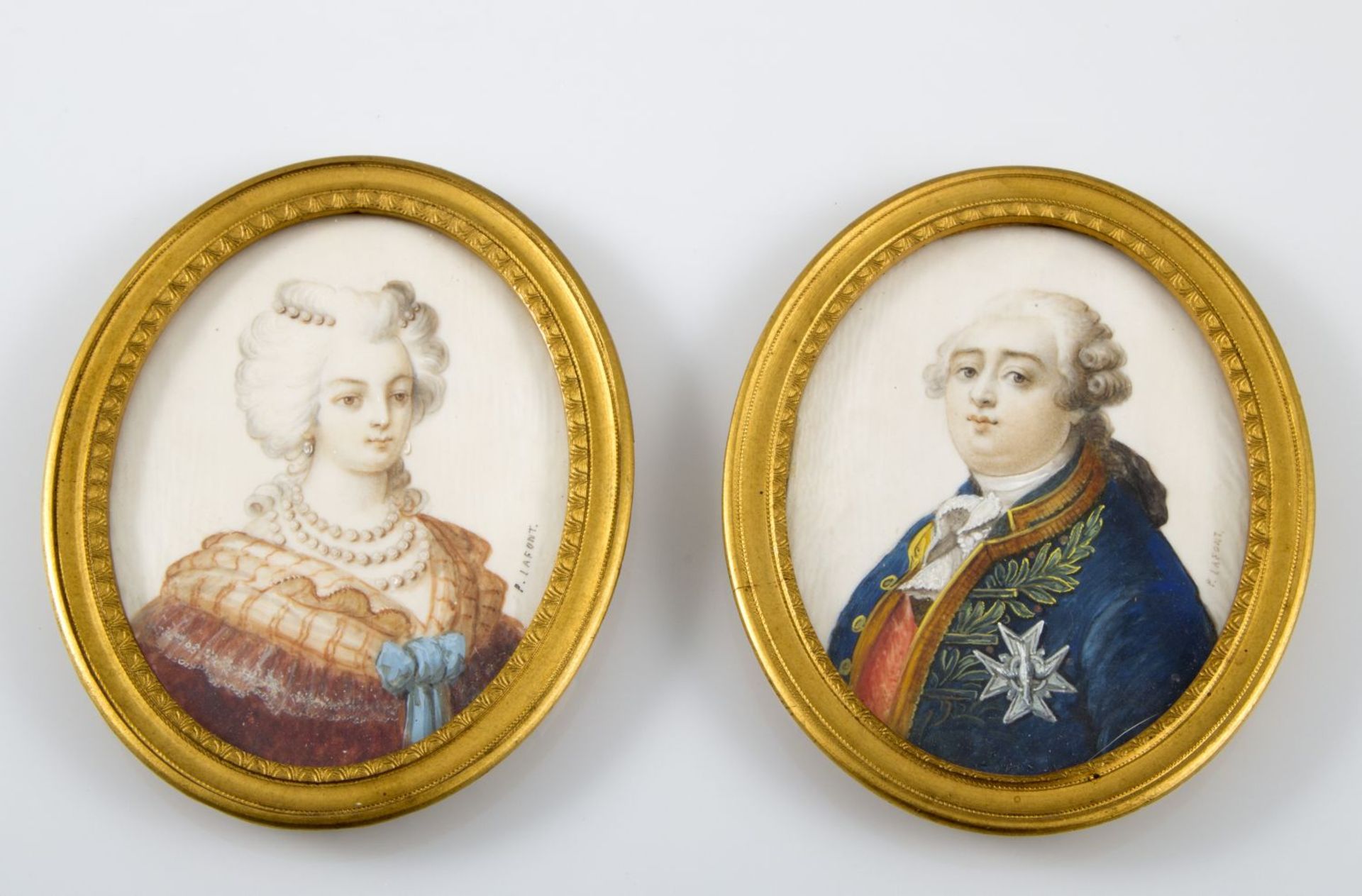 Lafont, P. Portraits Ludwig des XVI. und Marie Antoinettes (?). Miniaturmalerei. Sign. 8 x 6 cm.