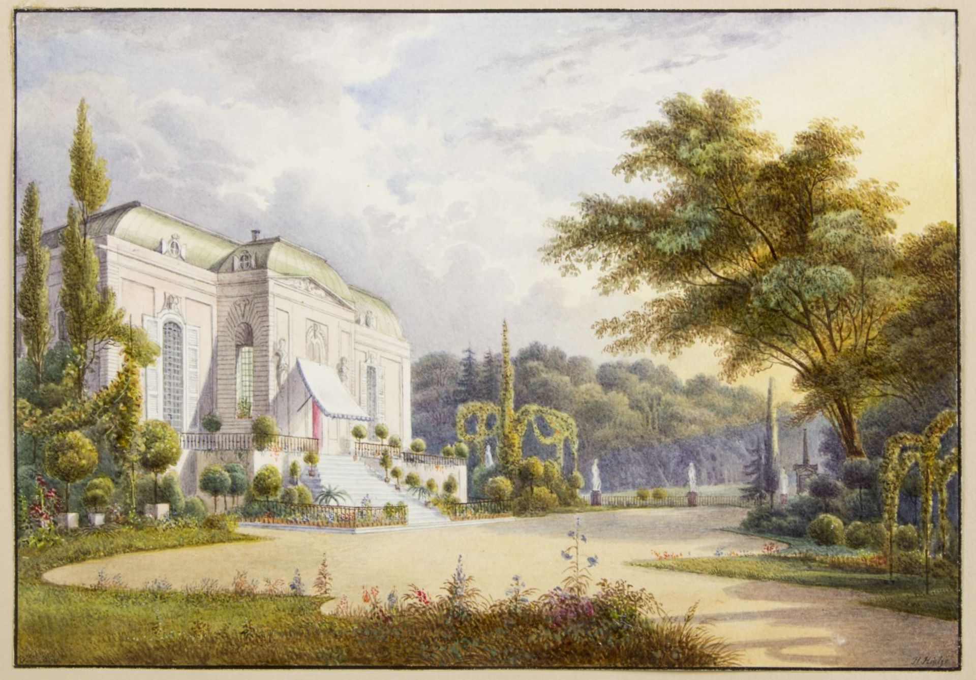 Hintze, Heinrich. 1800 Berlin - Hamburg 1861 Kleines Schloss in einem sommerlichen Park. Aquarell üb