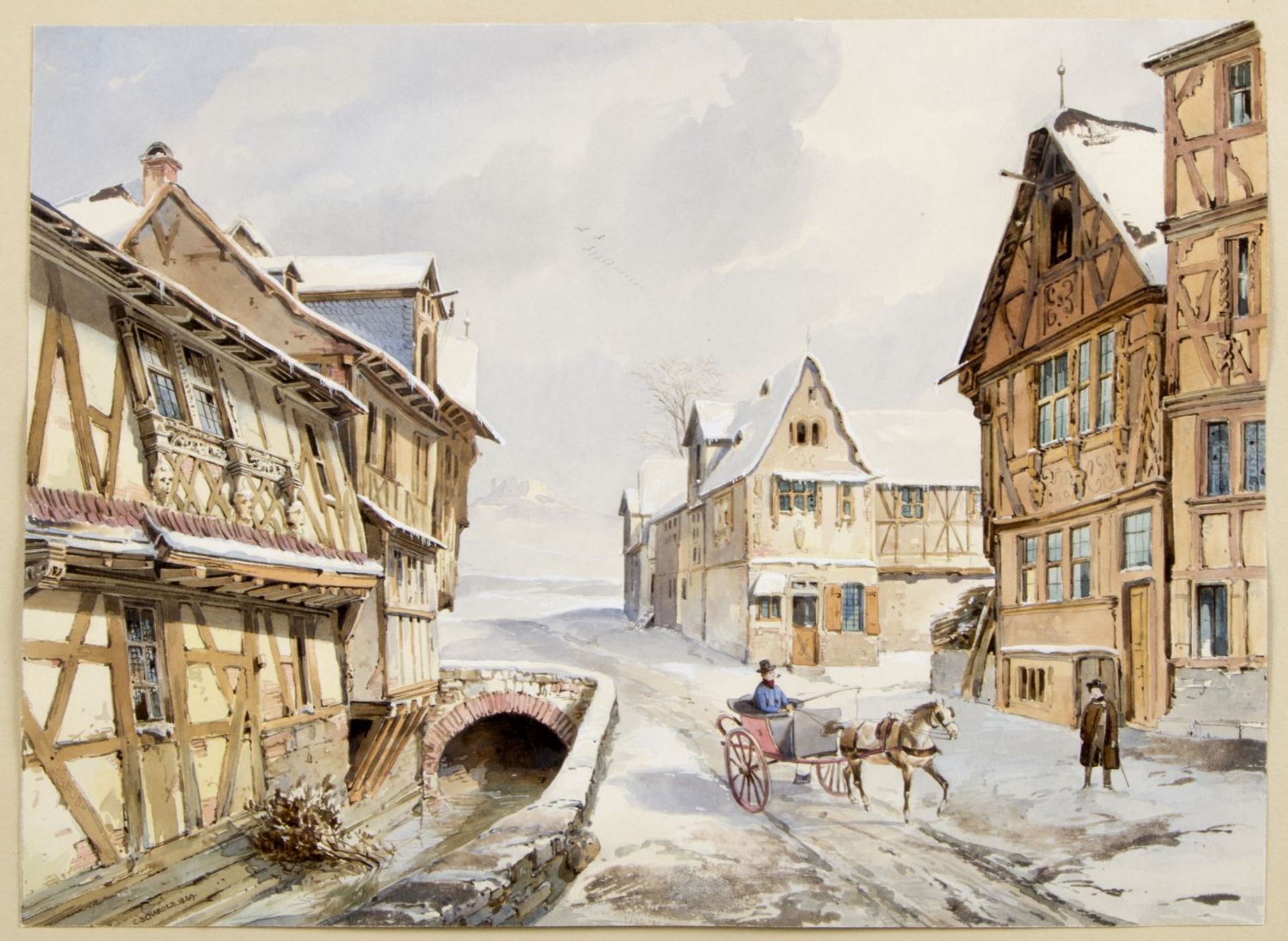 Scharold, Carl. 1811 - Würzburg - 1865 Kutsche in einer verschneiten Kleinstadt. Gouache über Bleist