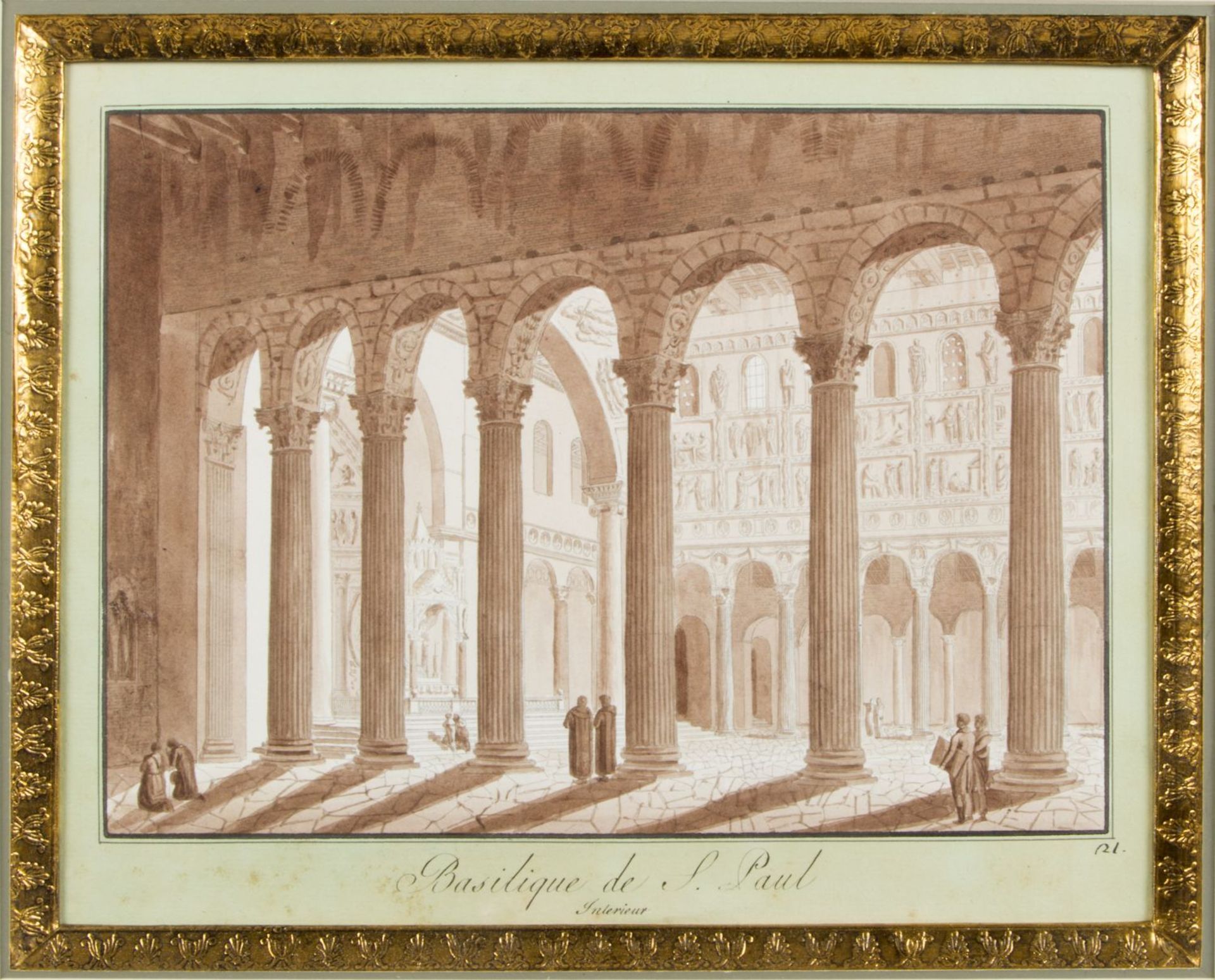 Uggeri, Angelo. 1754 - 1837. Zugeschrieben Basilique de S. Paul Interieur. Braun lavierte Tuschfeder