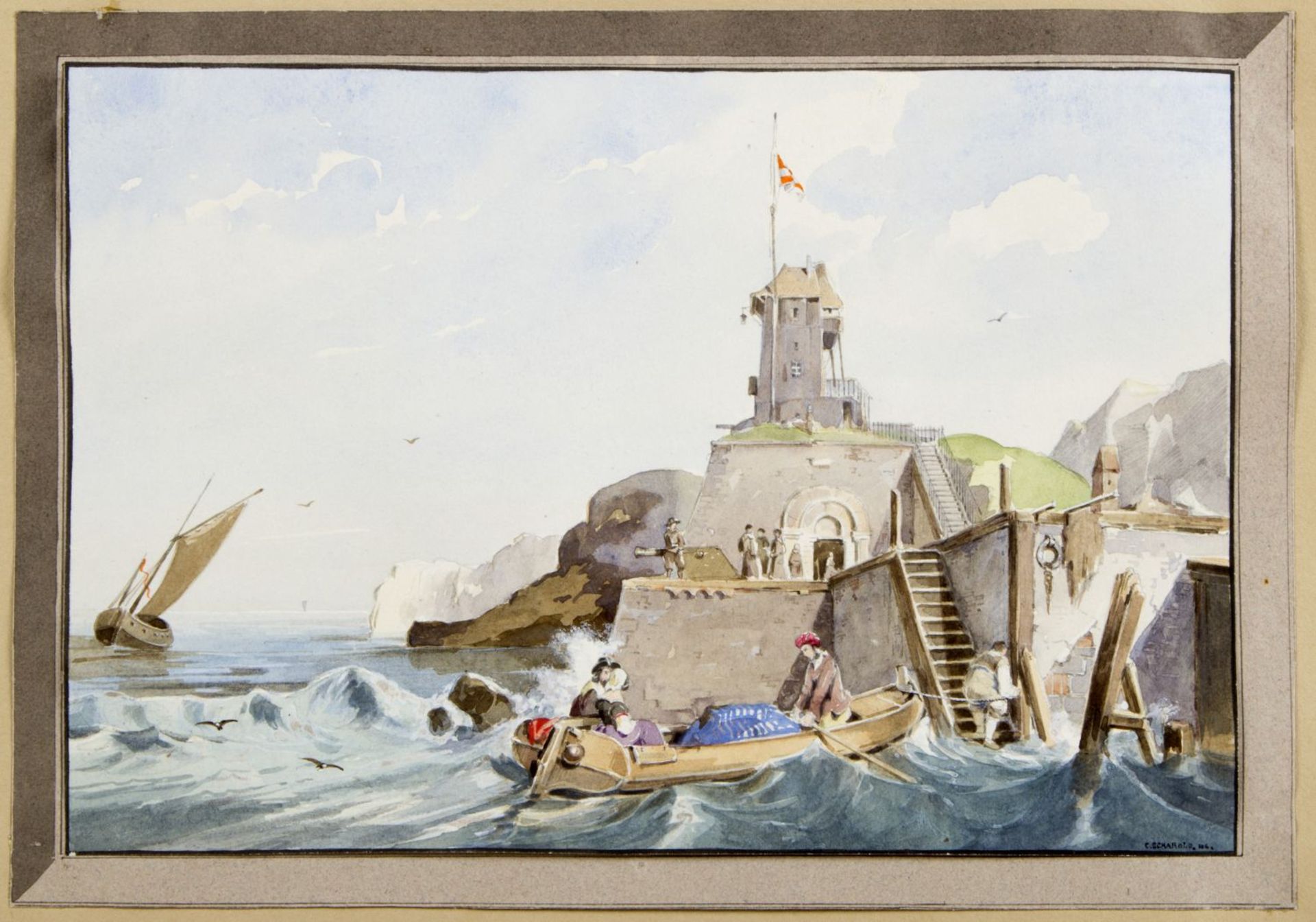 Scharold, Carl. 1811 - Würzburg - 1865 Militärischer Wachturm an der Küste. Gouache über Bleistift.