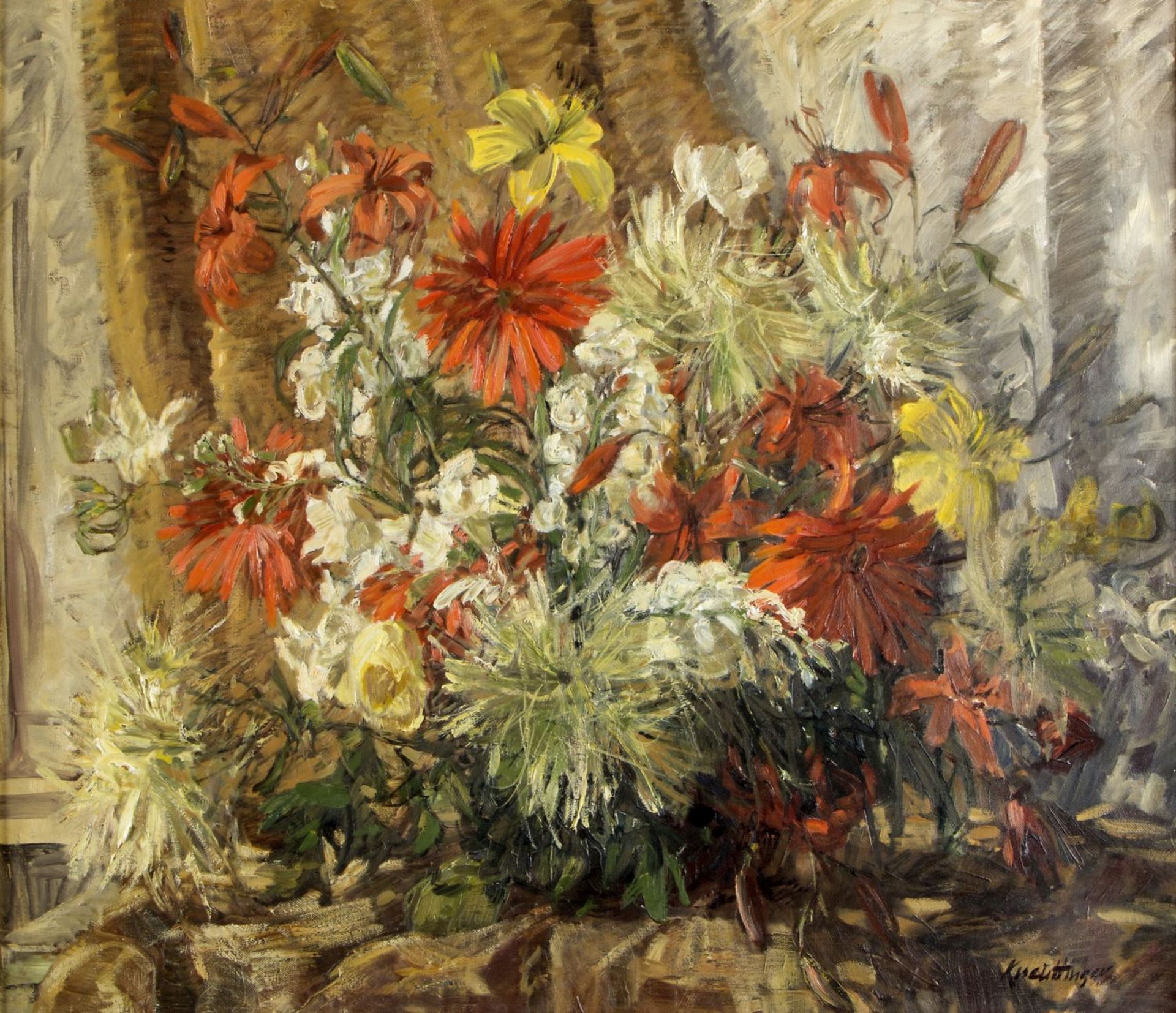 Kneuttinger, Josef. 1927 - München - 2015 Blumenstillleben. Öl/Lwd. Sign. 70,5 x 80 cm. Gerahmt.