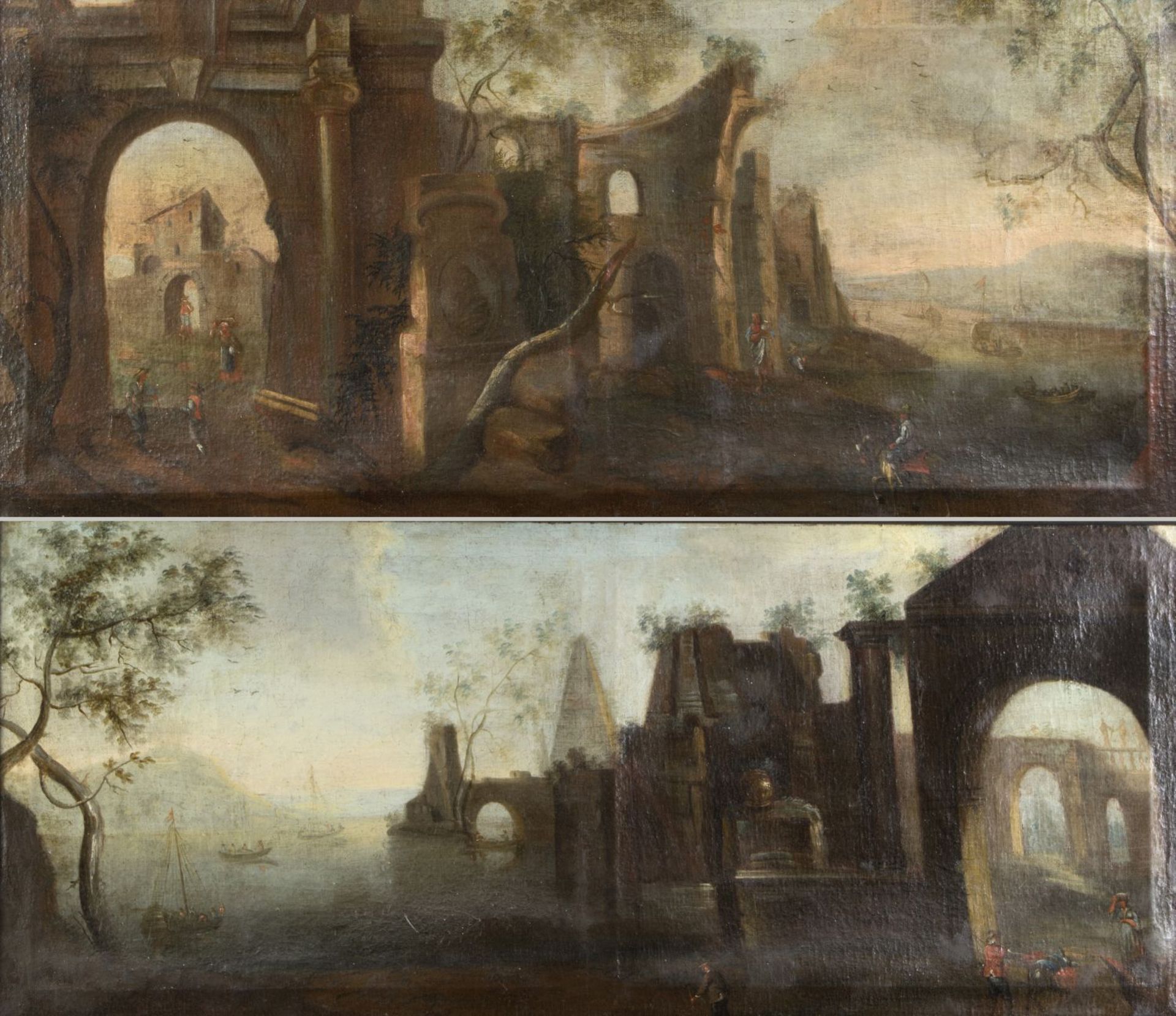 Italien, 18. Jh. Landschaften mit Ruinen am Meer. 2 Gem. Öl/Lwd. Bis 49,5 x 112 cm.
