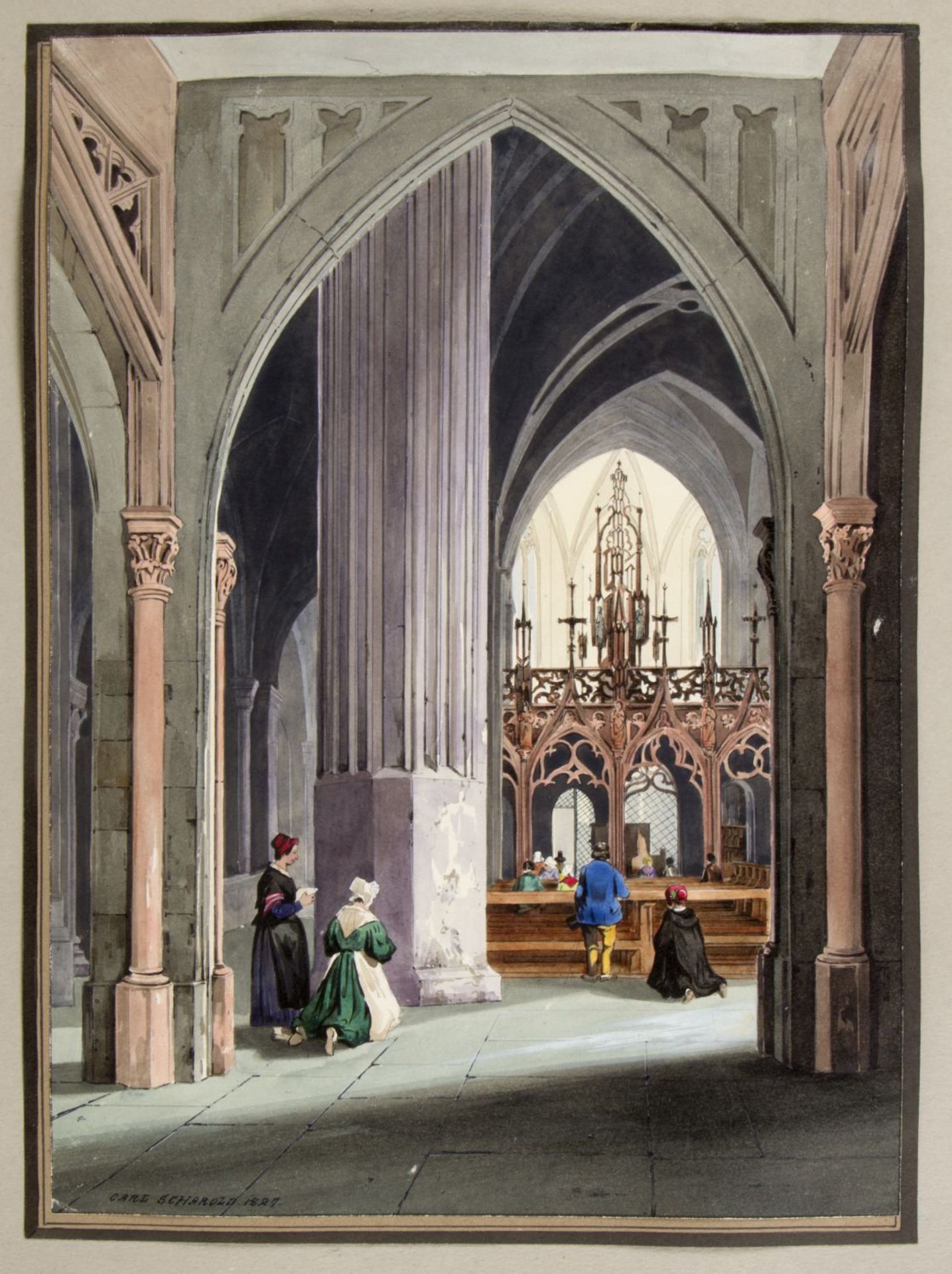 Scharold, Carl. 1811 - Würzburg - 1865 Innenansicht einer gotischen Kirche. Gouache über Tuschfeder