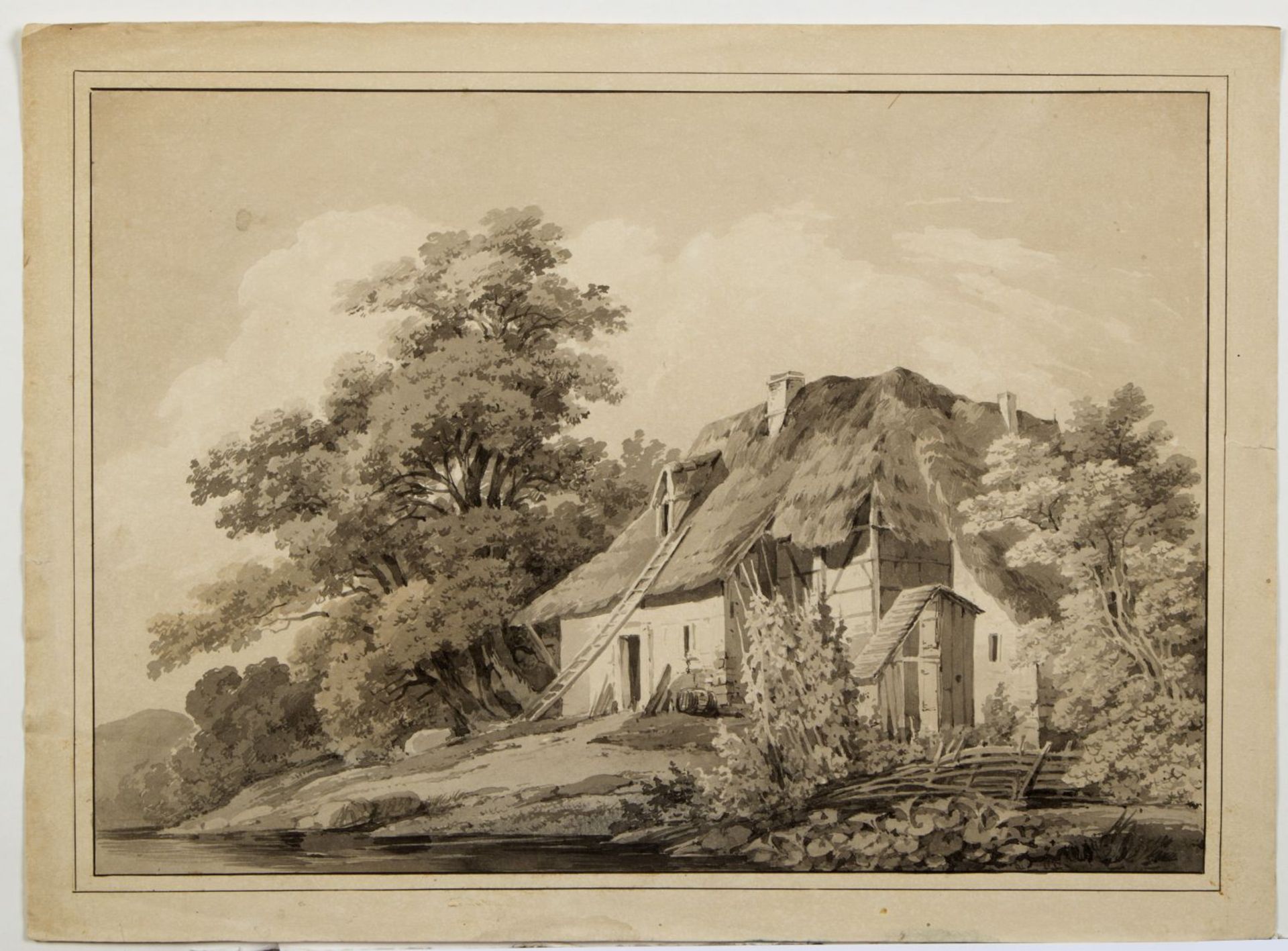 Kunkler, Adolf. 1792 - Gnadenberg bei Bunzlau - 1866 Bauernhaus. Brücke über einen Fluss in den Berg - Bild 2 aus 5
