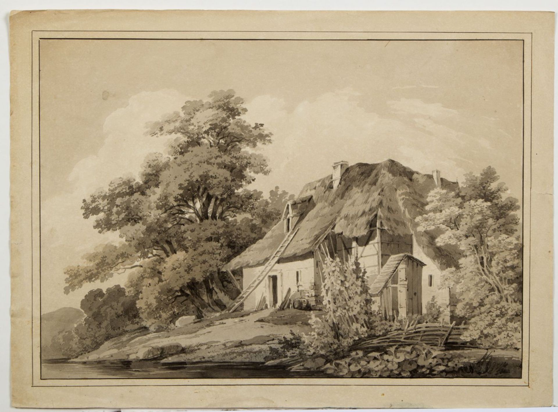 Kunkler, Adolf. 1792 - Gnadenberg bei Bunzlau - 1866 Bauernhaus. Brücke über einen Fluss in den Berg - Image 2 of 5