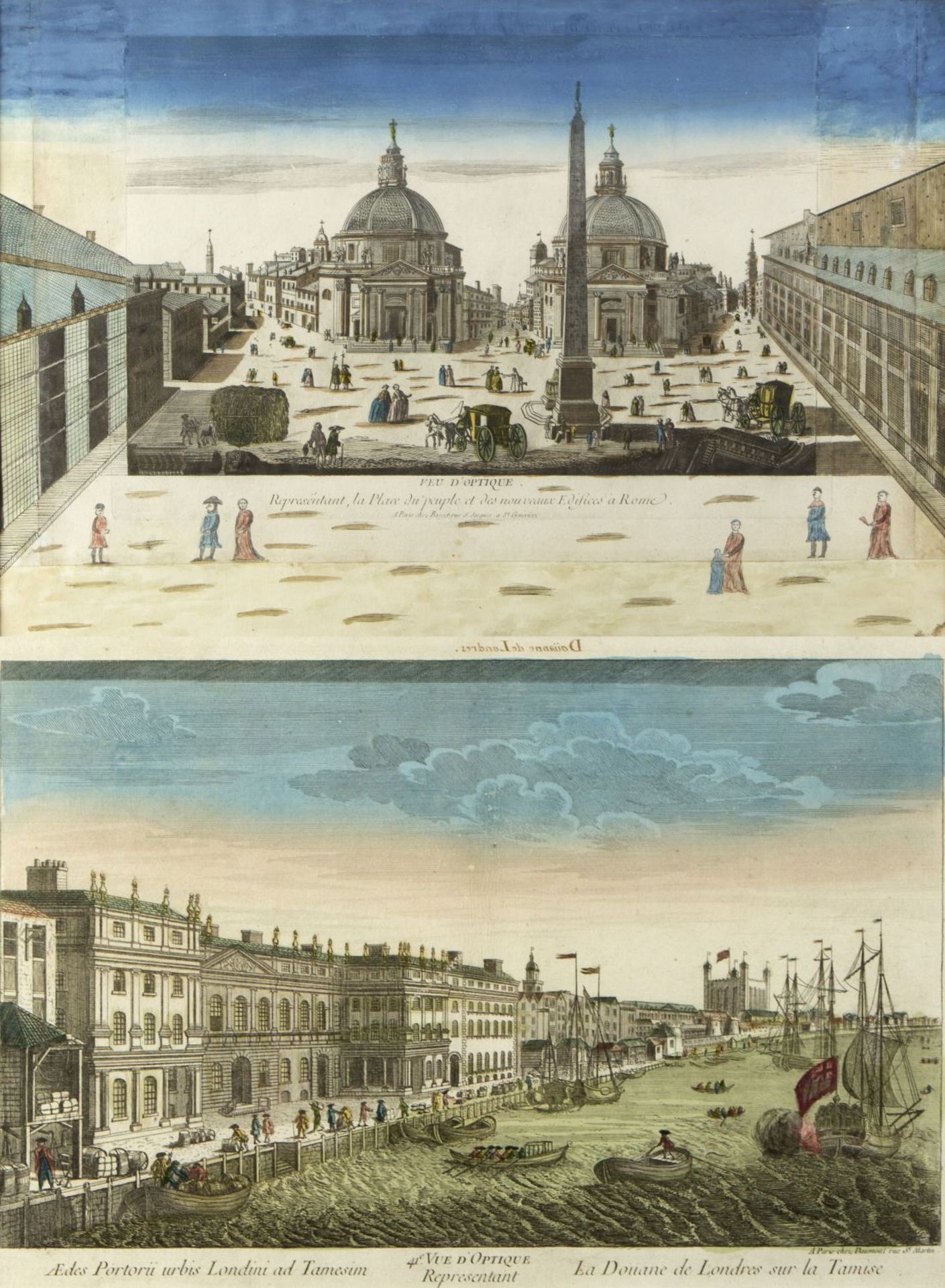 Guckkastenblätter, wohl 18. Jh. Ansichten von Rom und Paris. 2 kol. Radierungen. Bis 39 x 56 cm. Das