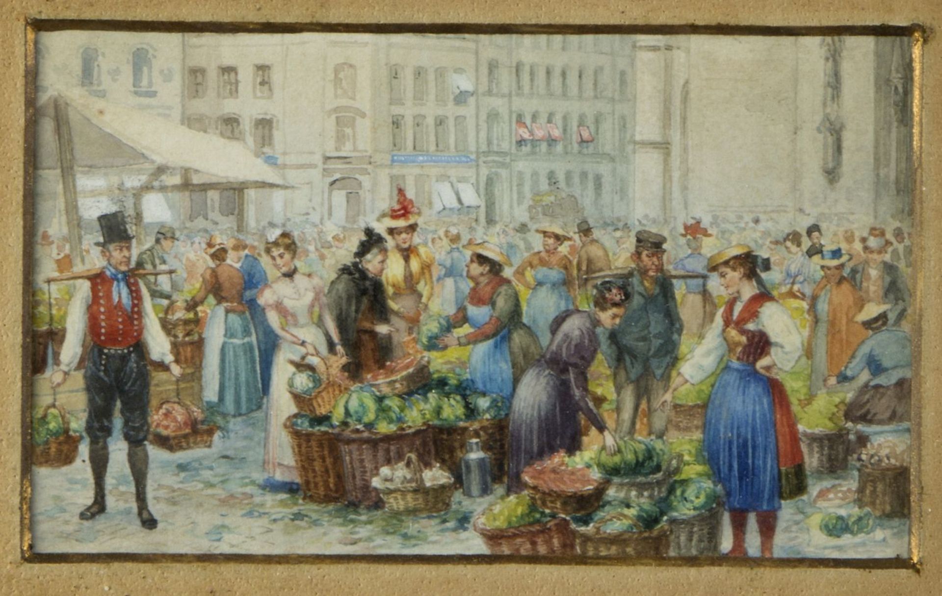 Deutsch, 19. Jh. Ungarischer Pferdemarkt. Blumenmarkt in Holland. 2 Aquarelle. 5 x 10 cm. - Image 2 of 3