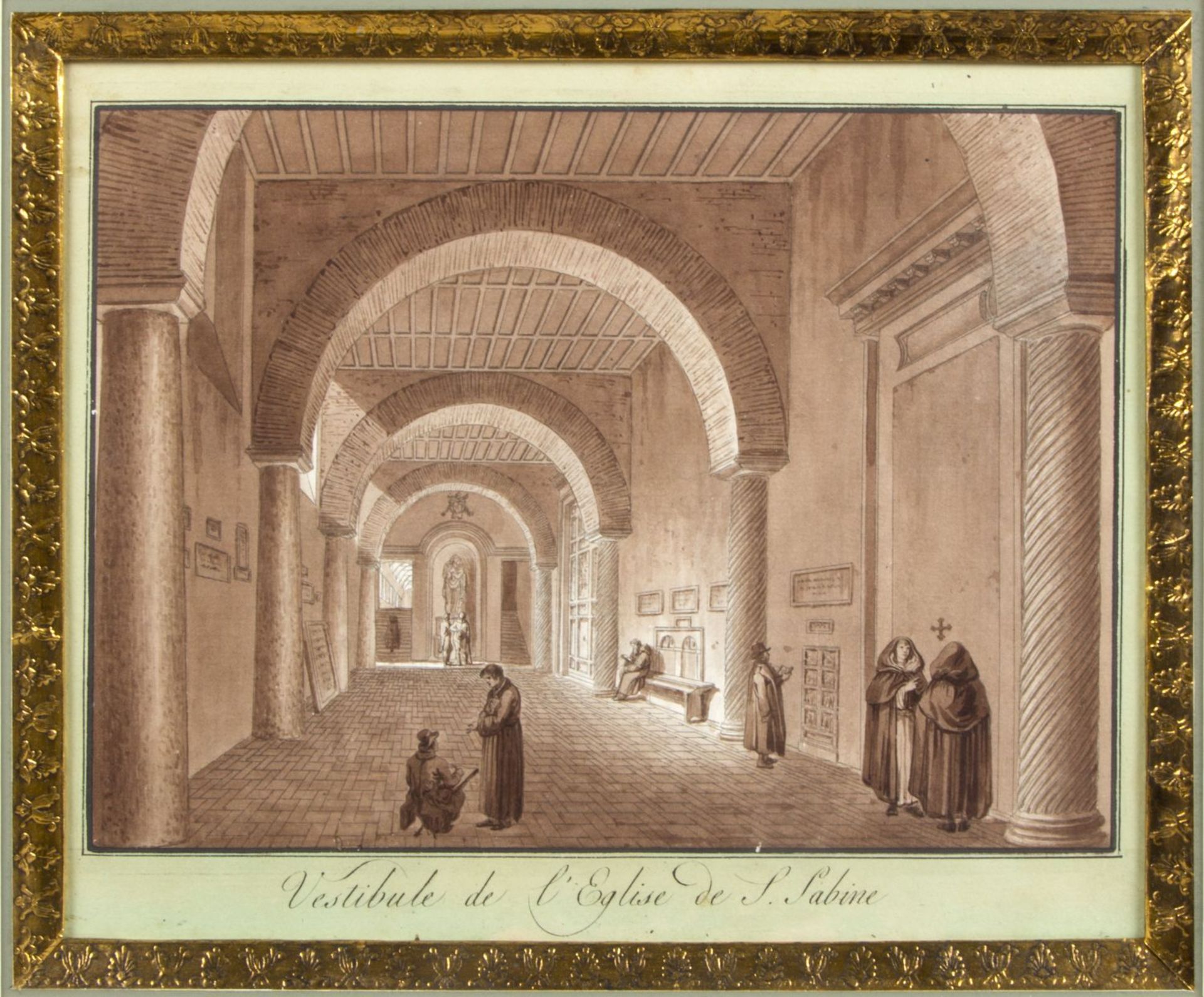 Uggeri, Angelo. 1754 - 1837. Zugeschrieben Vestibule de l'Eglise de S. Sabine. Braun lavierte Tuschf