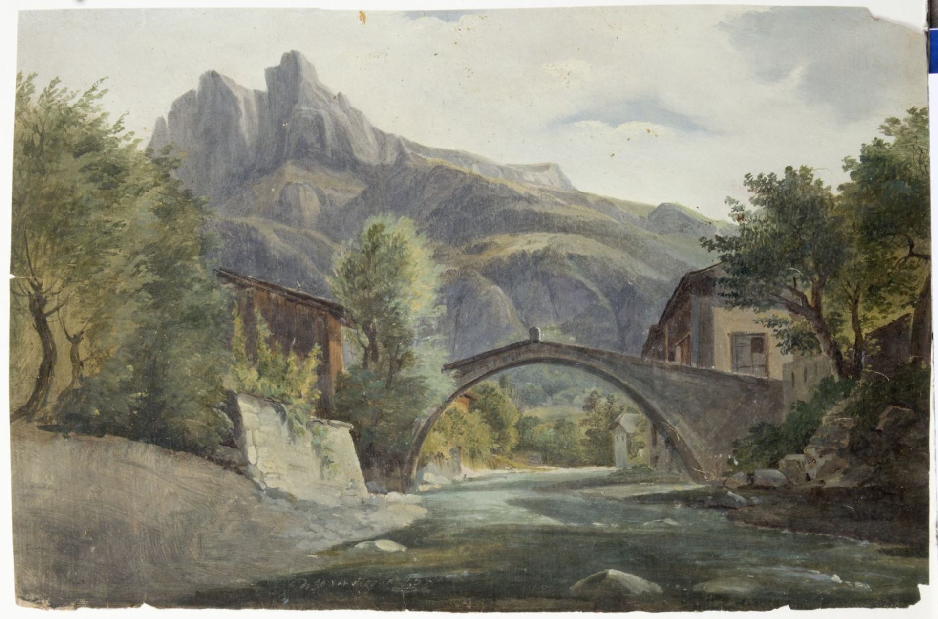 Kunkler, Adolf. 1792 - Gnadenberg bei Bunzlau - 1866 Bauernhaus. Brücke über einen Fluss in den Berg - Bild 5 aus 5