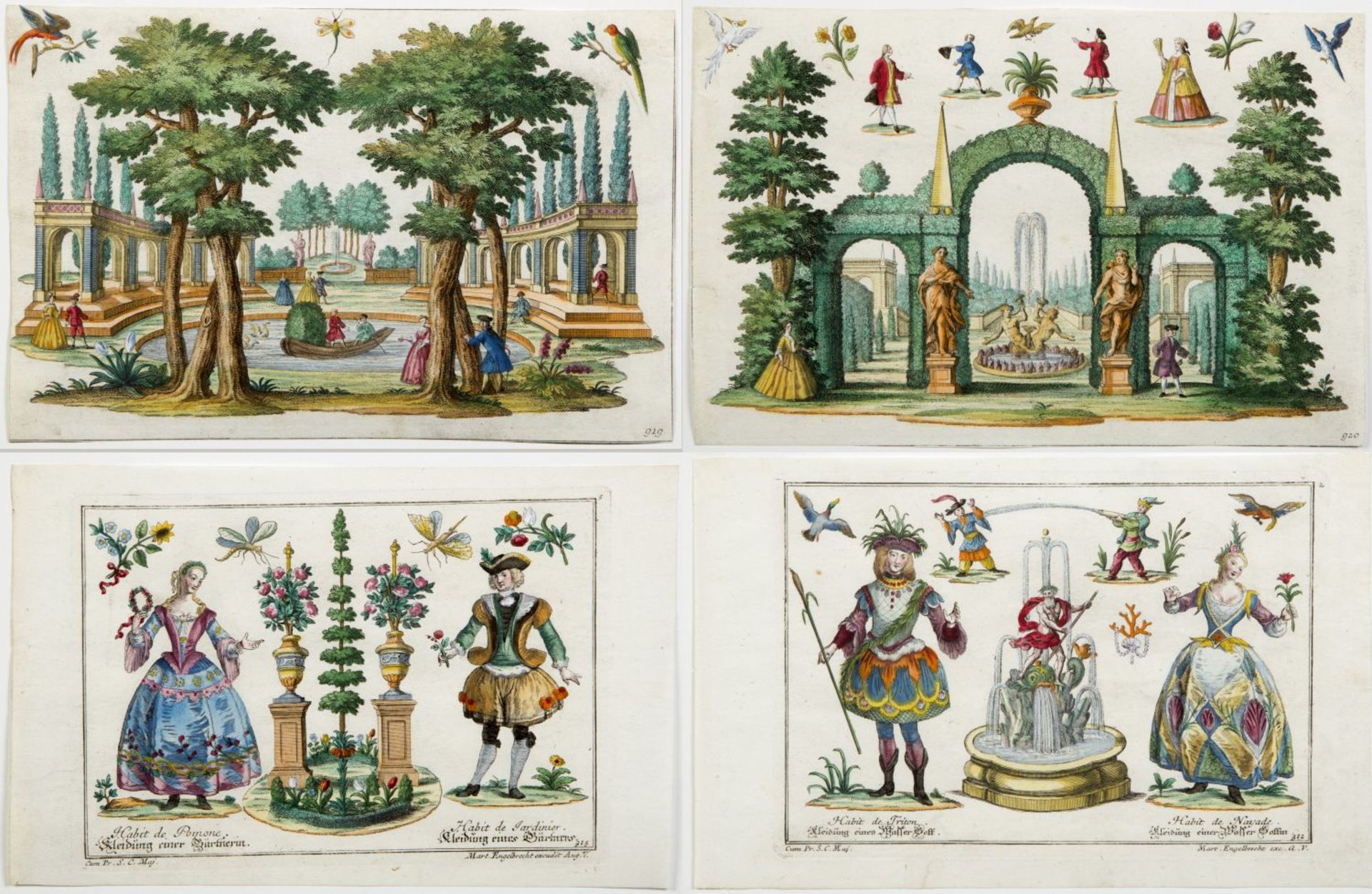 Engelbrecht, Martin. 1684 - 1756 Landschaften, Gärten und Kostüme. 17 kol. Radierungen. Bis 15 x 23