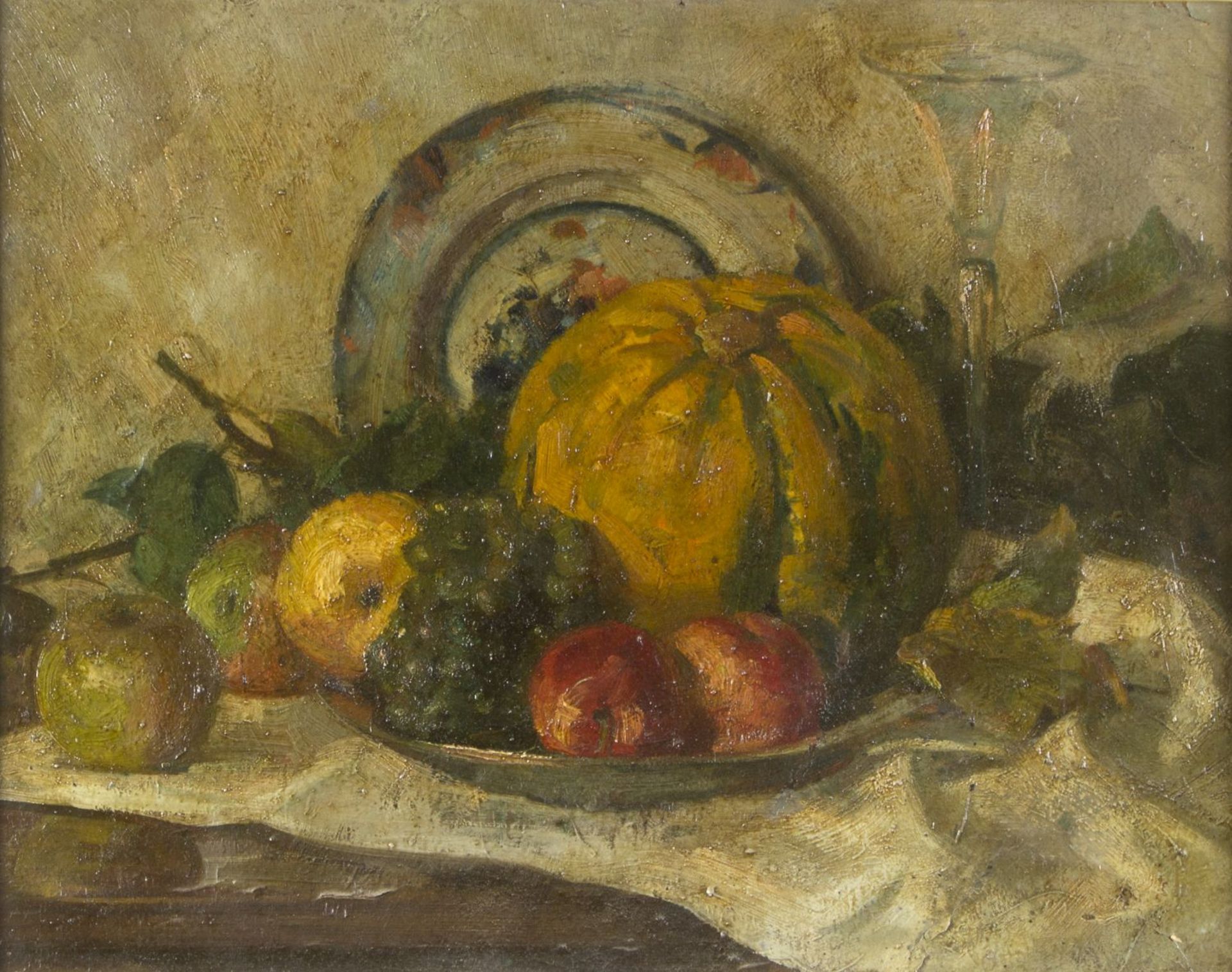 Deutsch, 20. Jh. Stillleben mit Obst und Tellern. Öl/Holz. 45 x 58 cm. Gerahmt.