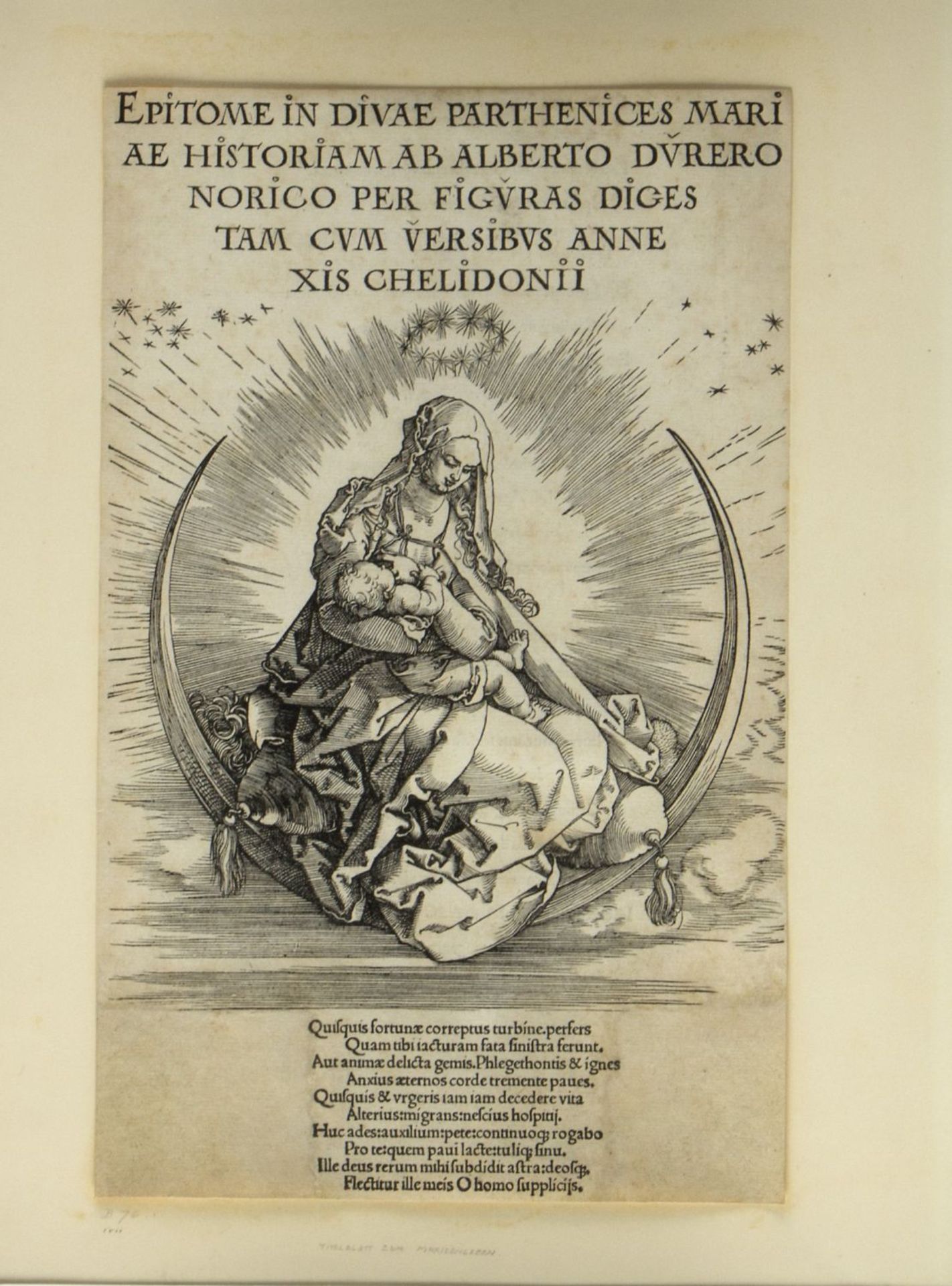 Dürer, Albrecht Titelblatt zum Marienleben. Holzschnitt. 21 x 19,5 cm. Das Bl. ist um den Text besch