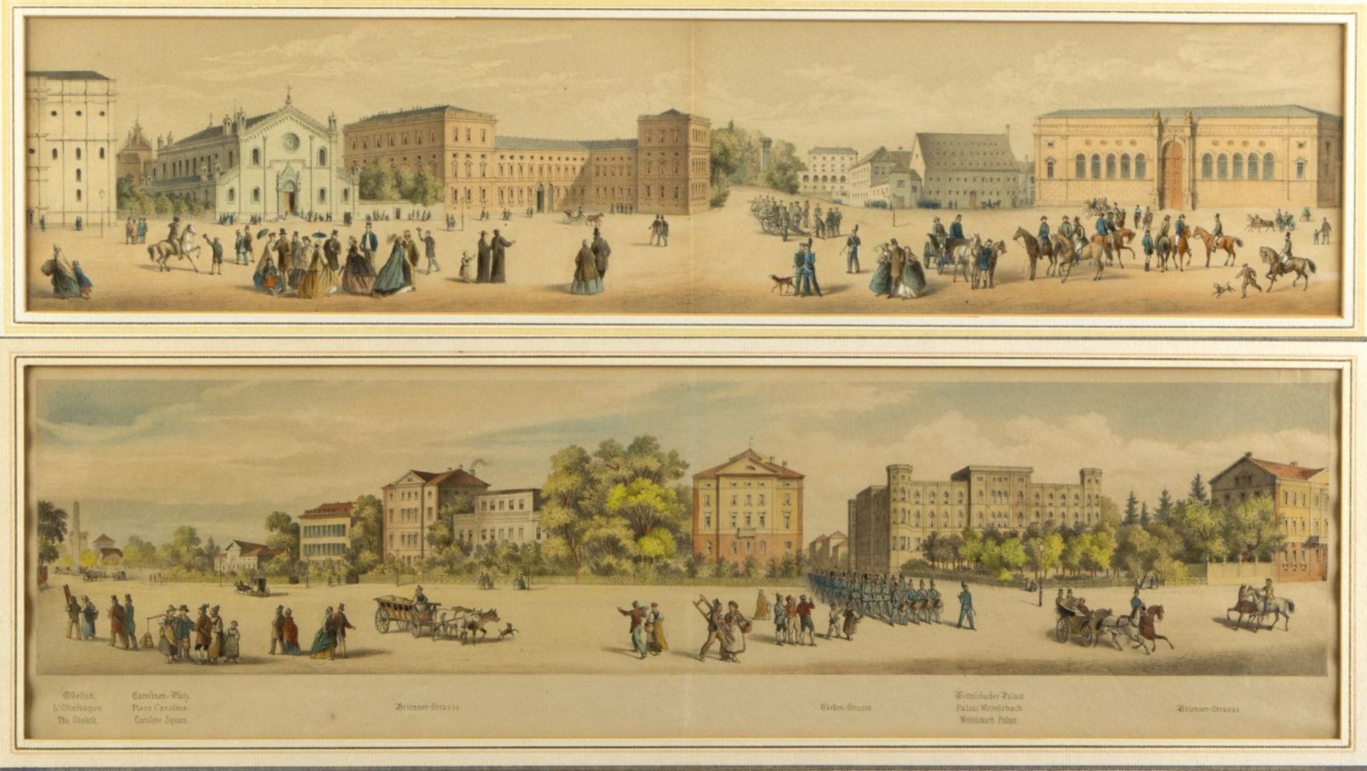 Deutsch, 19. Jh. Münchener Ansichten. 2 kol. Lithographien. Bis 13 x 56,5 cm.