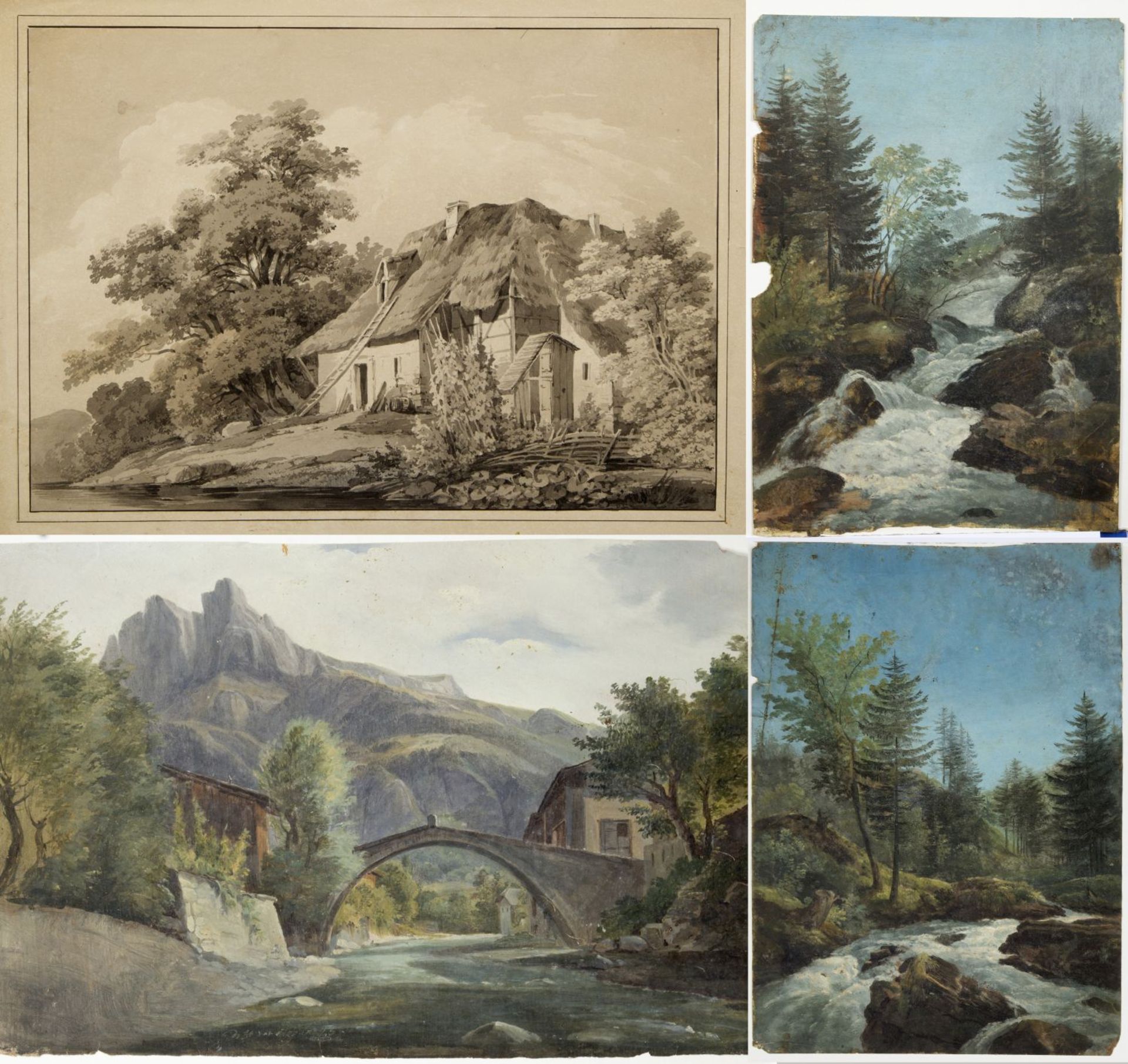 Kunkler, Adolf. 1792 - Gnadenberg bei Bunzlau - 1866 Bauernhaus. Brücke über einen Fluss in den Berg