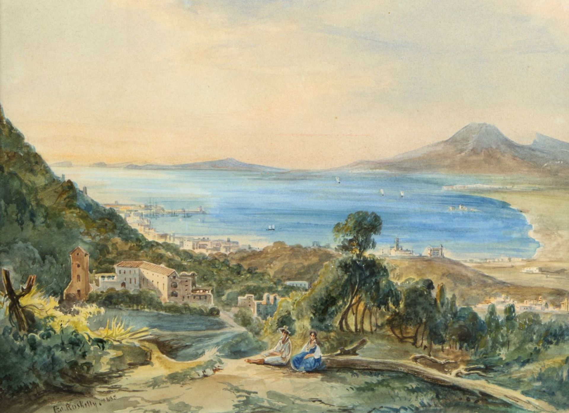 Roskilly, Eduardo Bucht von Neapel. Aquarell. Sign. und dat. 1835. 25 x 32 cm.